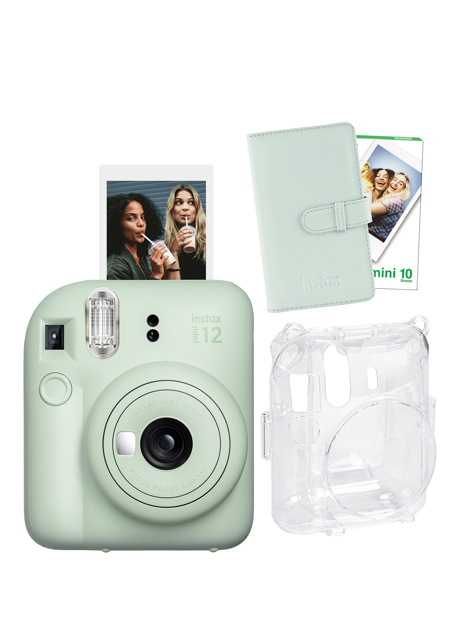 Instax Mini 12 Yeşil Fotoğraf Makinesi + 10'lu Film Laporta Albüm ve Şeffaf Kılıf Seti