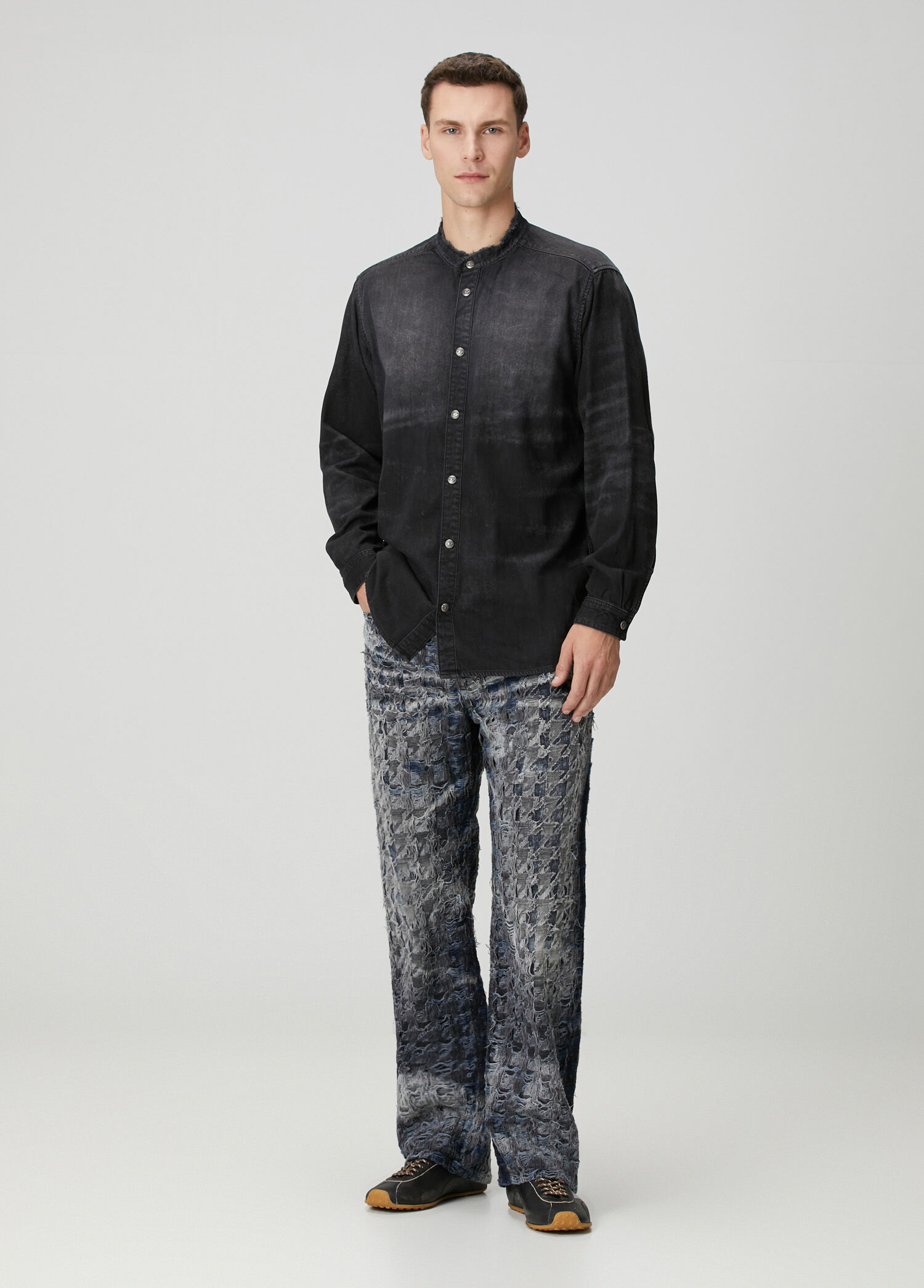 Koyu Gri Tweed Dokulu Jean Pantolon