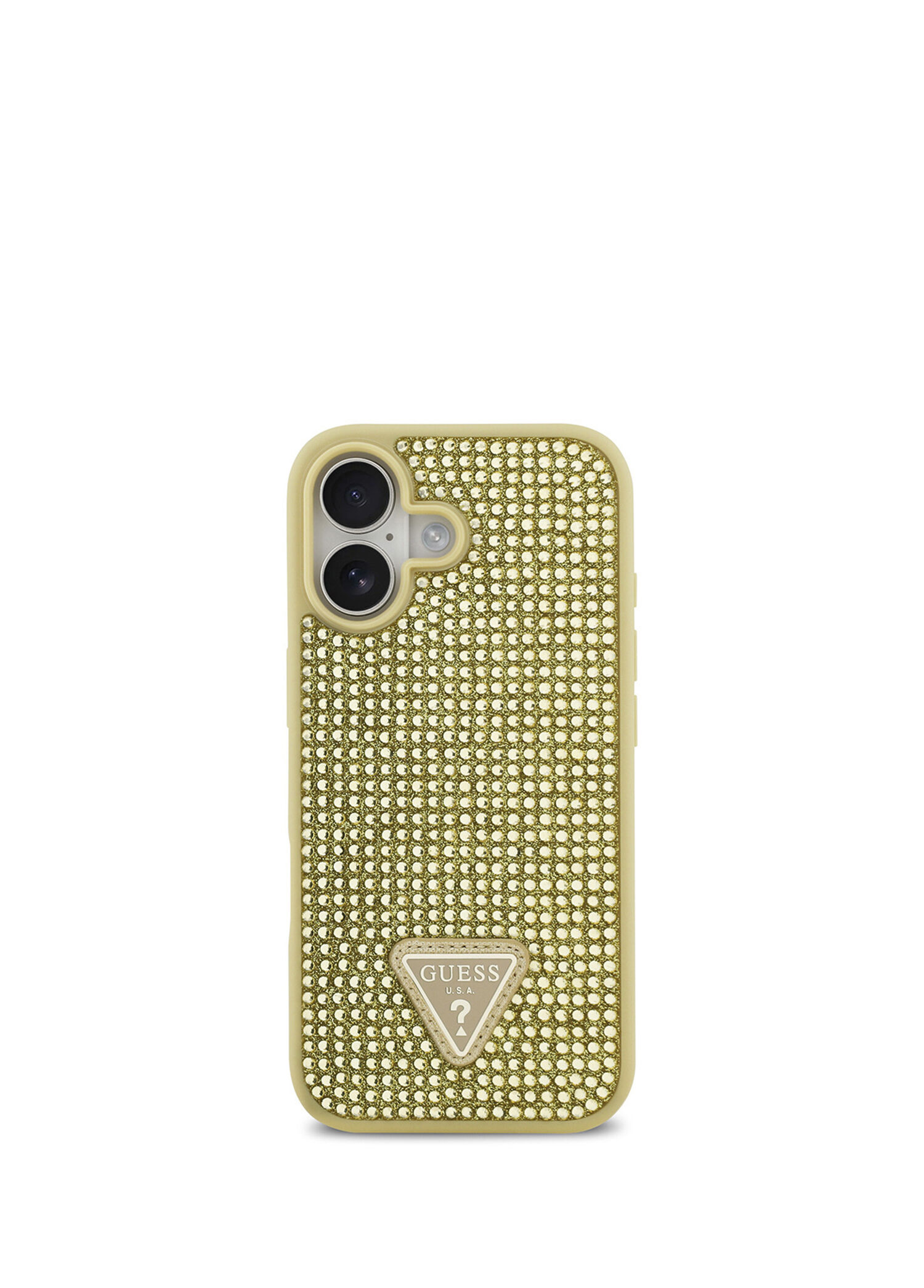 iPhone 17 Taşlı Üçgen Logolu Gold Telefon Kılıfı