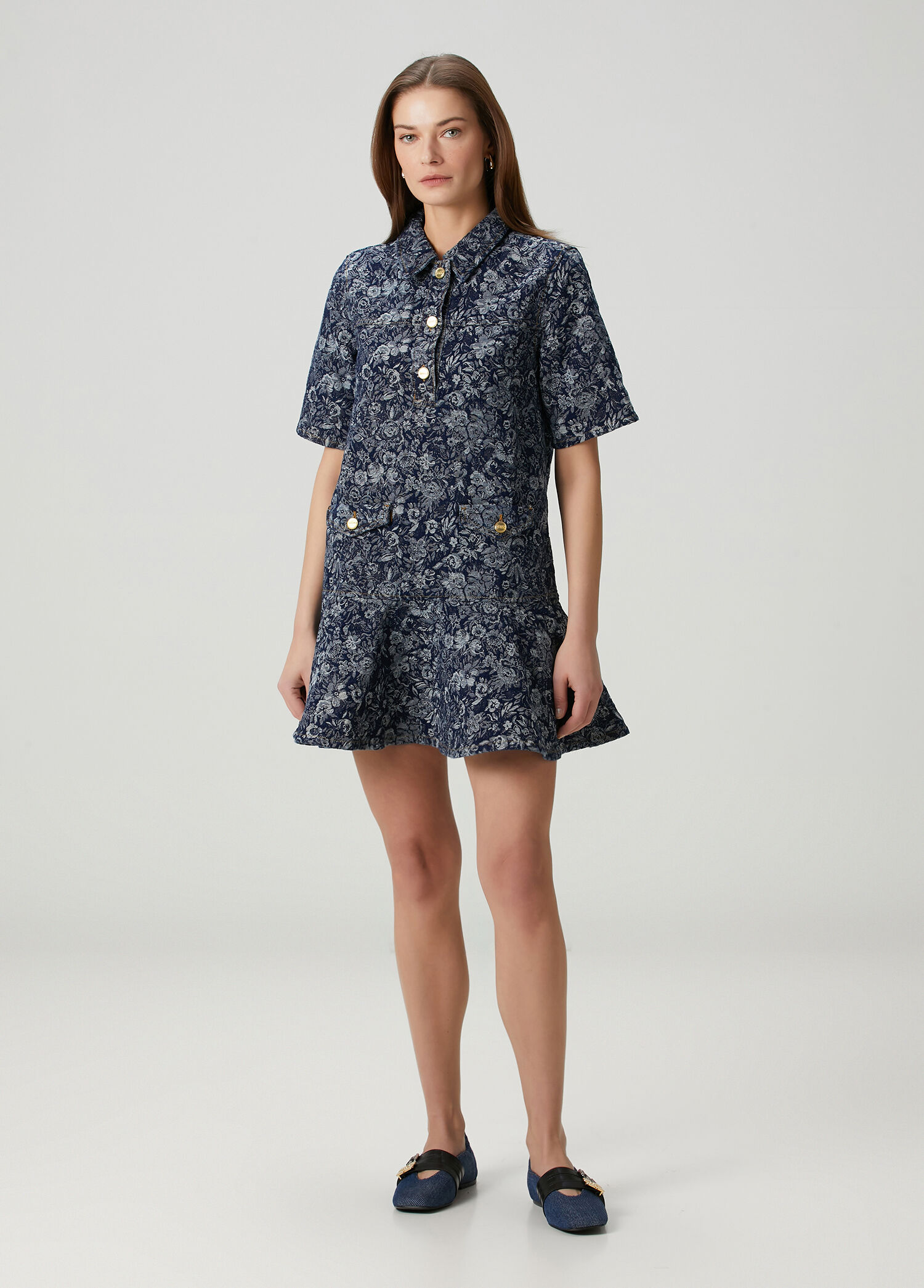 Lacivert Çiçekli Mini Denim Elbise
