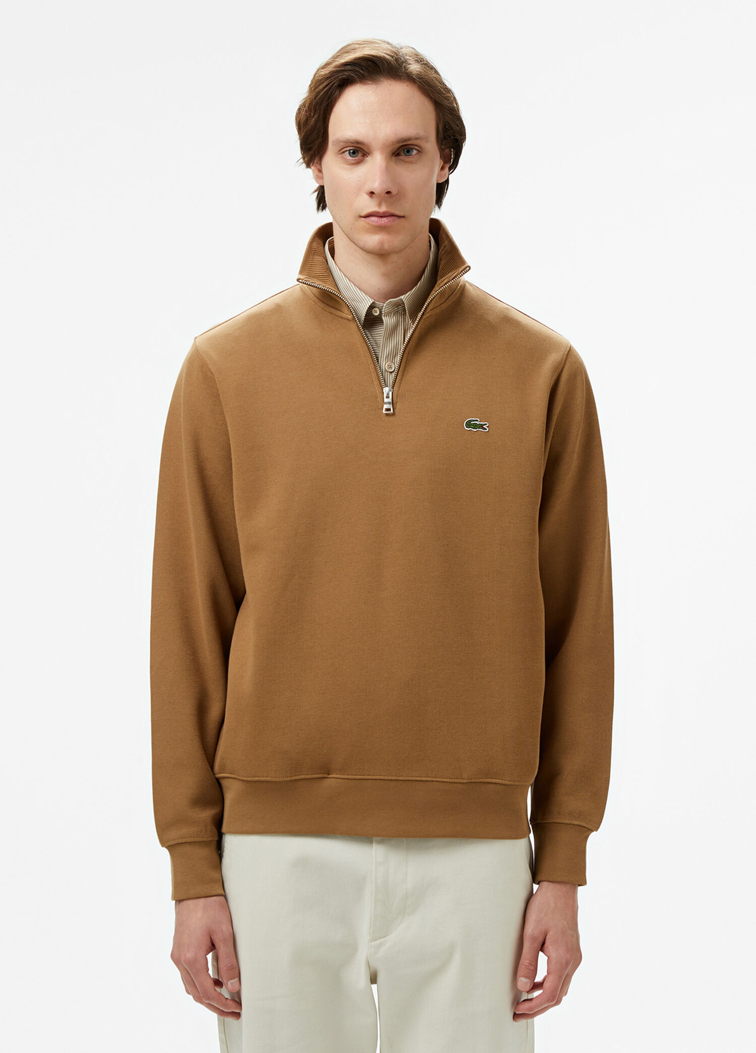 Kahverengi Yarım Fermuarlı Classic Fit Erkek Sweatshirt