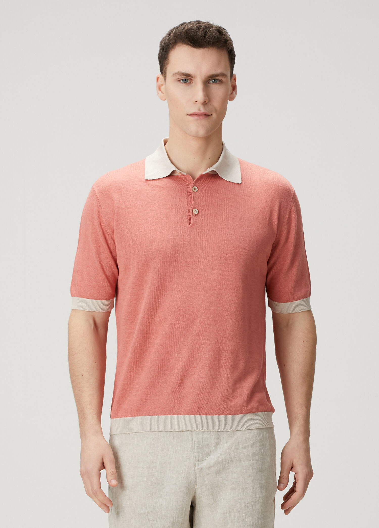 Pembe Polo Yaka Kısa Kollu Keten Triko