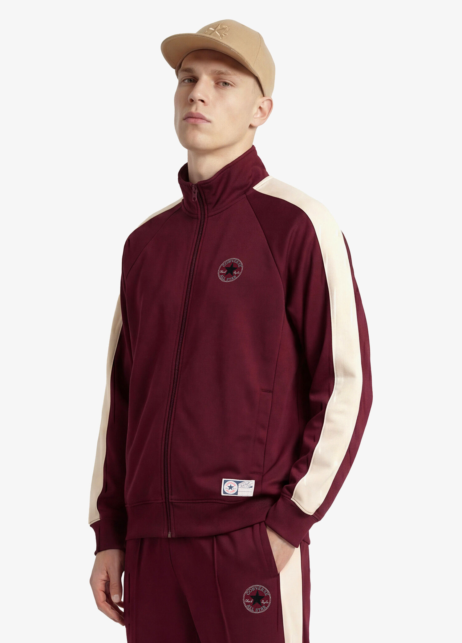 Bordo Dik Yaka Fermuarlı Erkek Spor Ceket