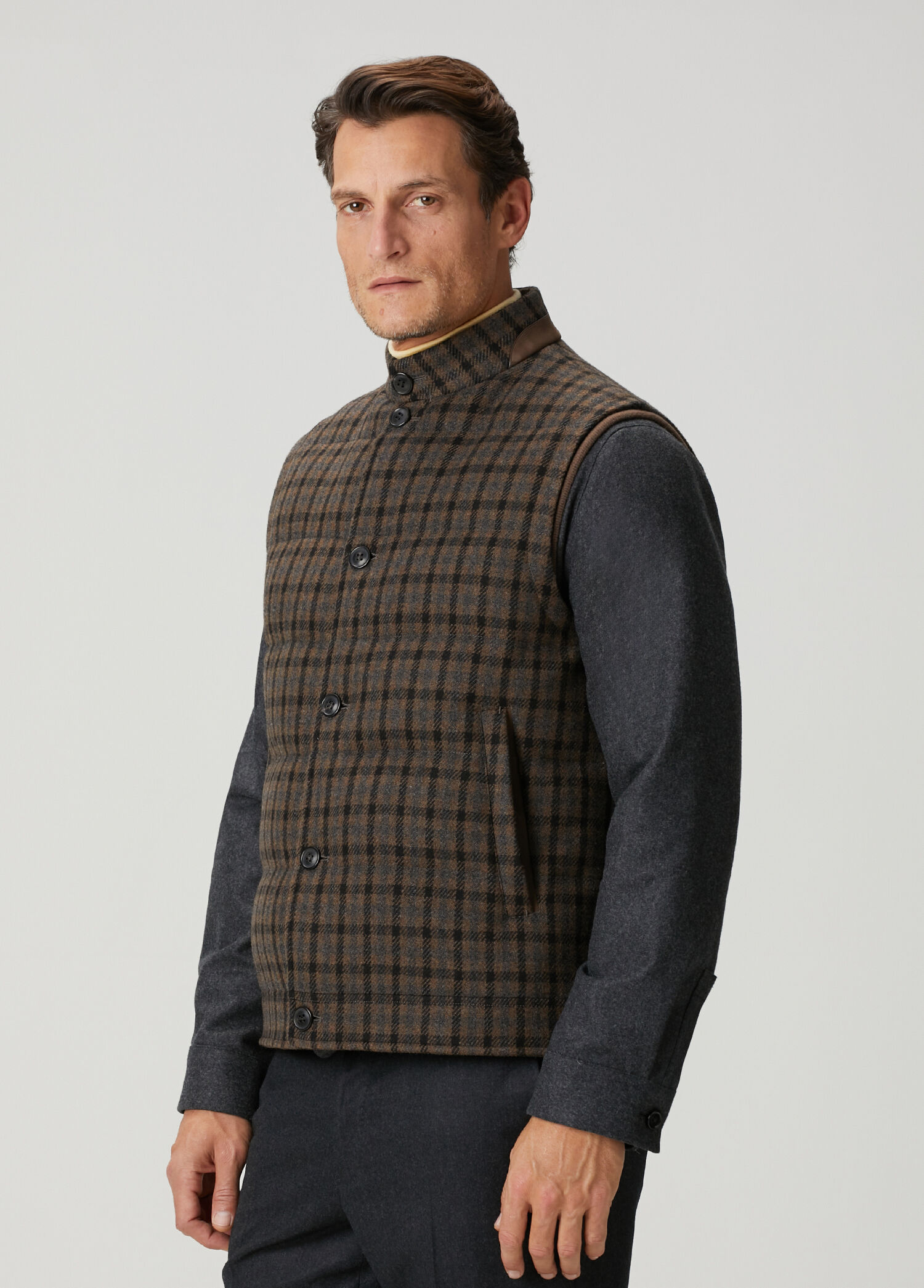 Zegna - Kahverengi Ekose Desenli Kaşmir Yelek - Kahverengi