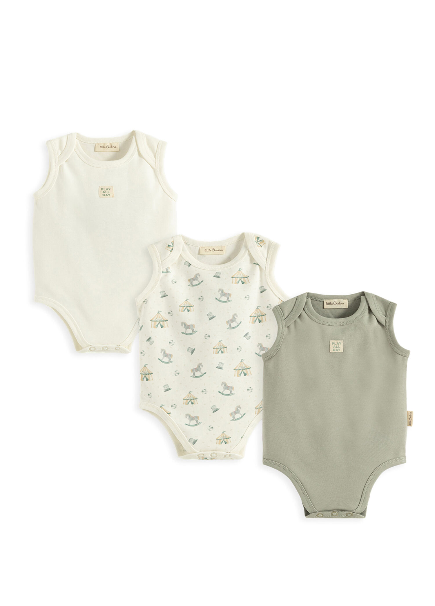 Cute Circus Ekru Yeşil Kolsuz Unisex Bebek 3'lü Çıtçıtlı Body Set