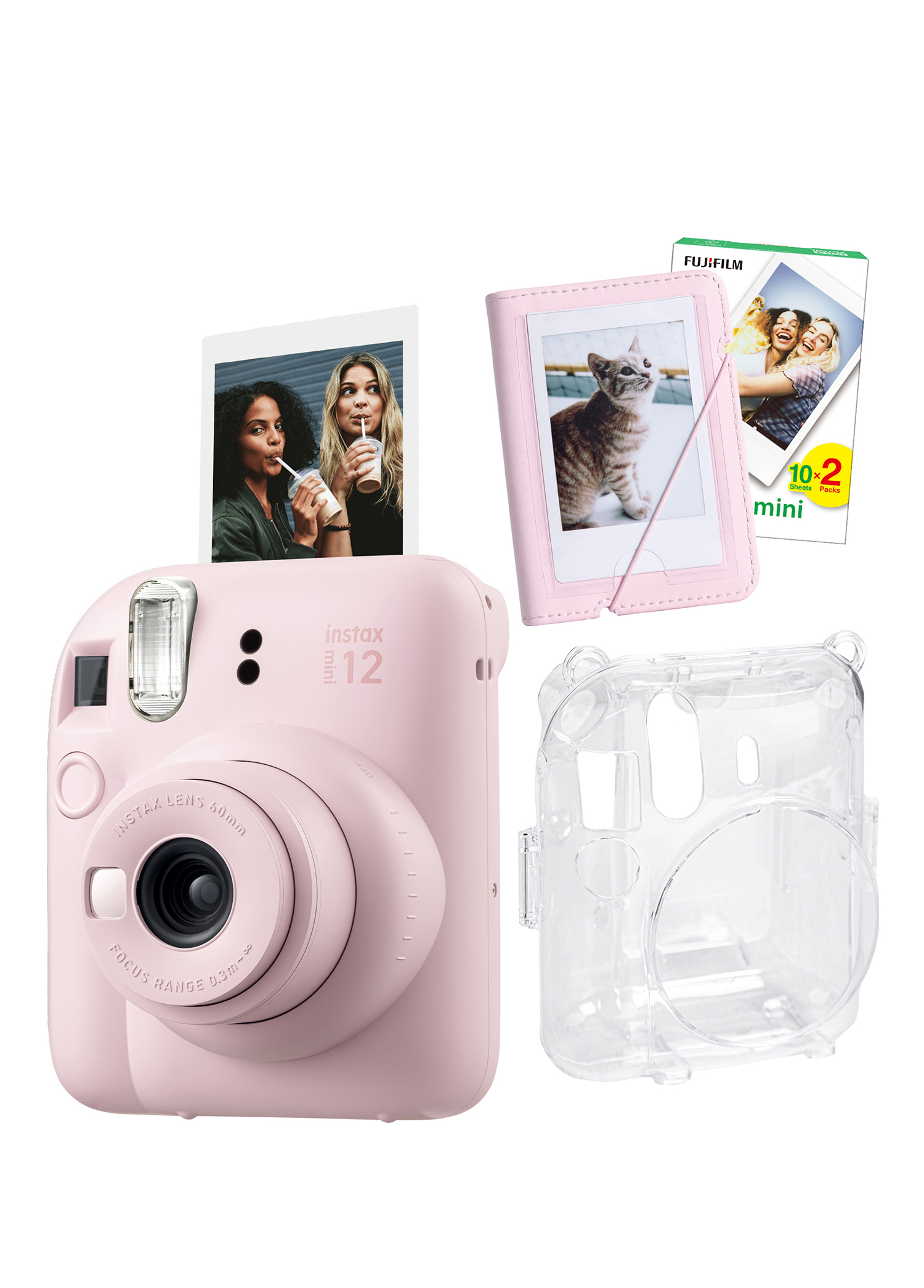 Instax Mini 12 Pembe Fotoğraf Makinesi + 20'li Film Mini Albüm ve Şeffaf Kılıf Seti