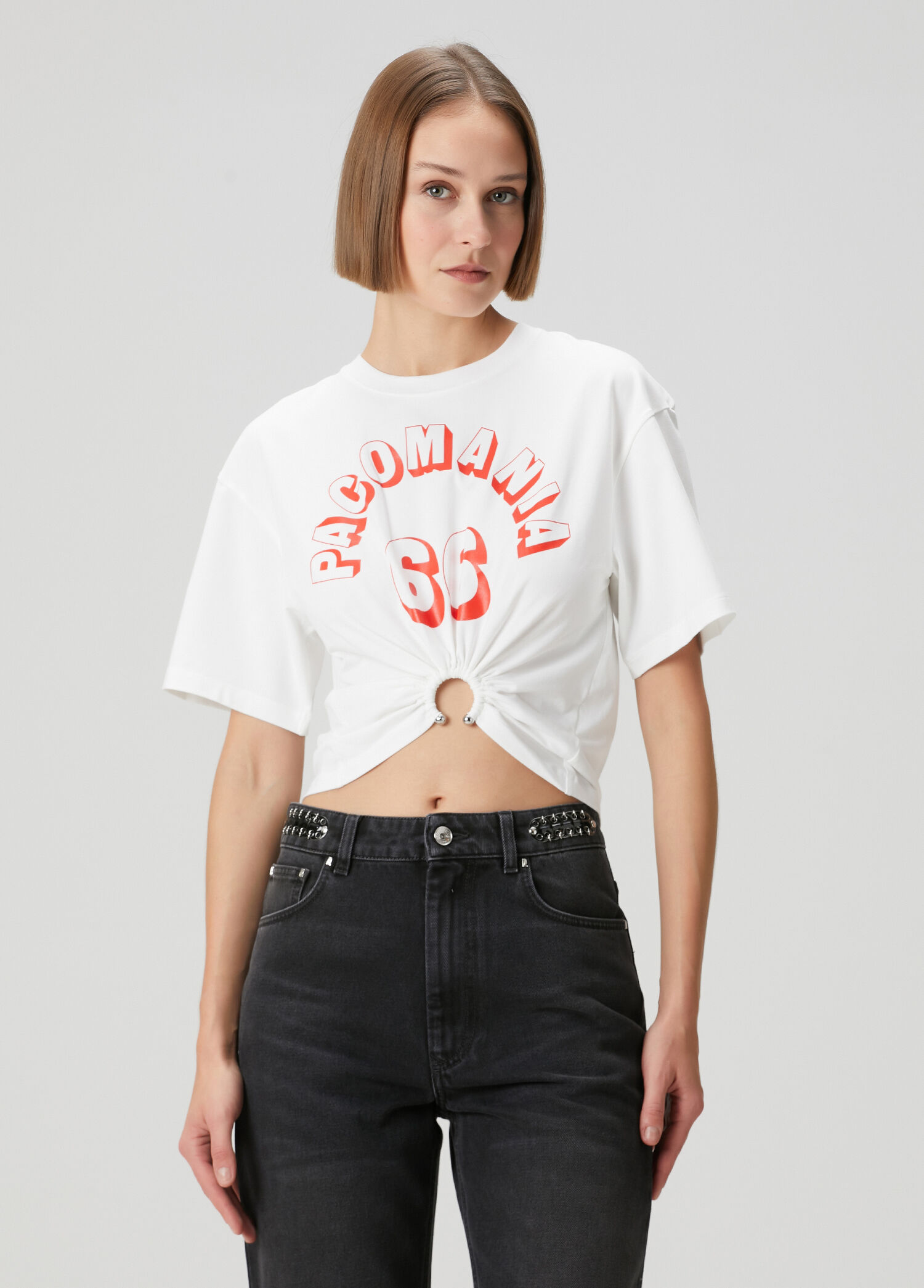 Beyaz Baskılı Crop T-shirt