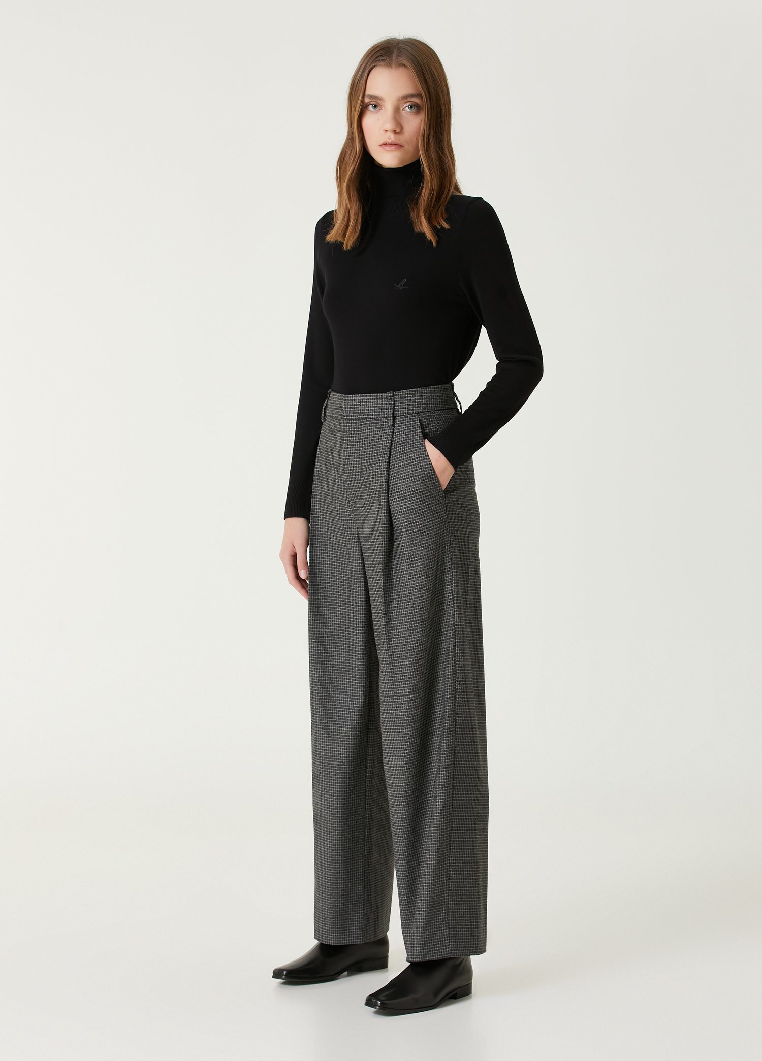 Gri Desenli Wide Leg Pantolon