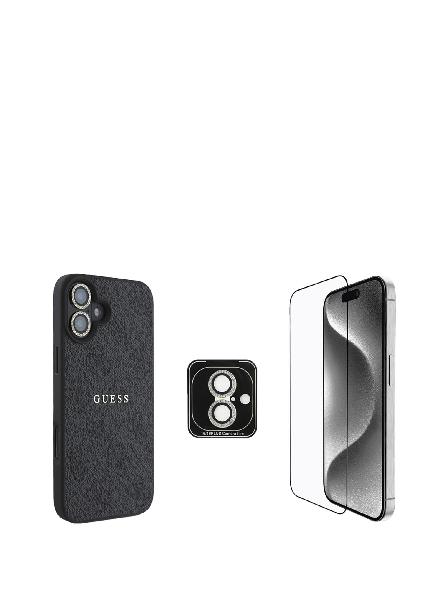 Guess - iPhone 16 Plus Kılıf + Ekran Koruyucu + Lens Koruyucu 3in1 Aksesuar Seti - Siyah