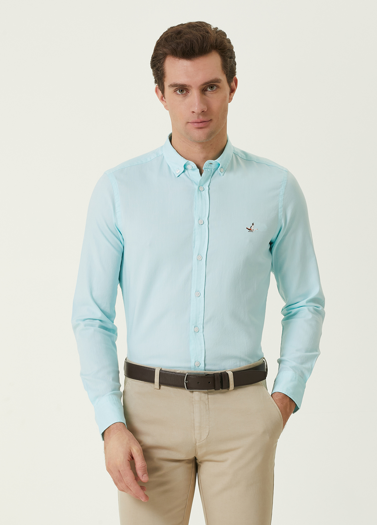 Slim Fit Su Yeşili Oxford Gömlek