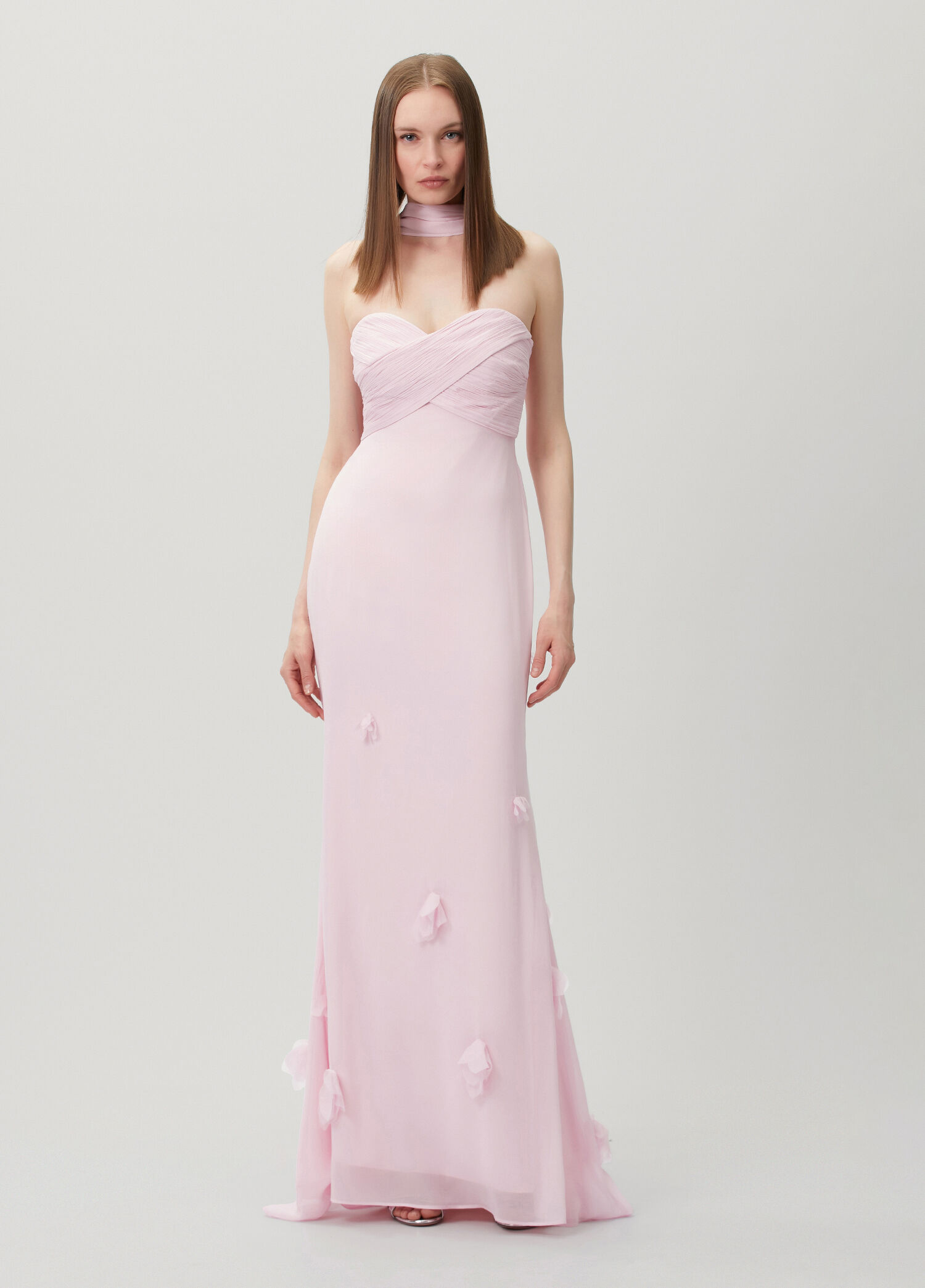 Pembe Georgette Şal Detaylı Maxi Abiye Elbise