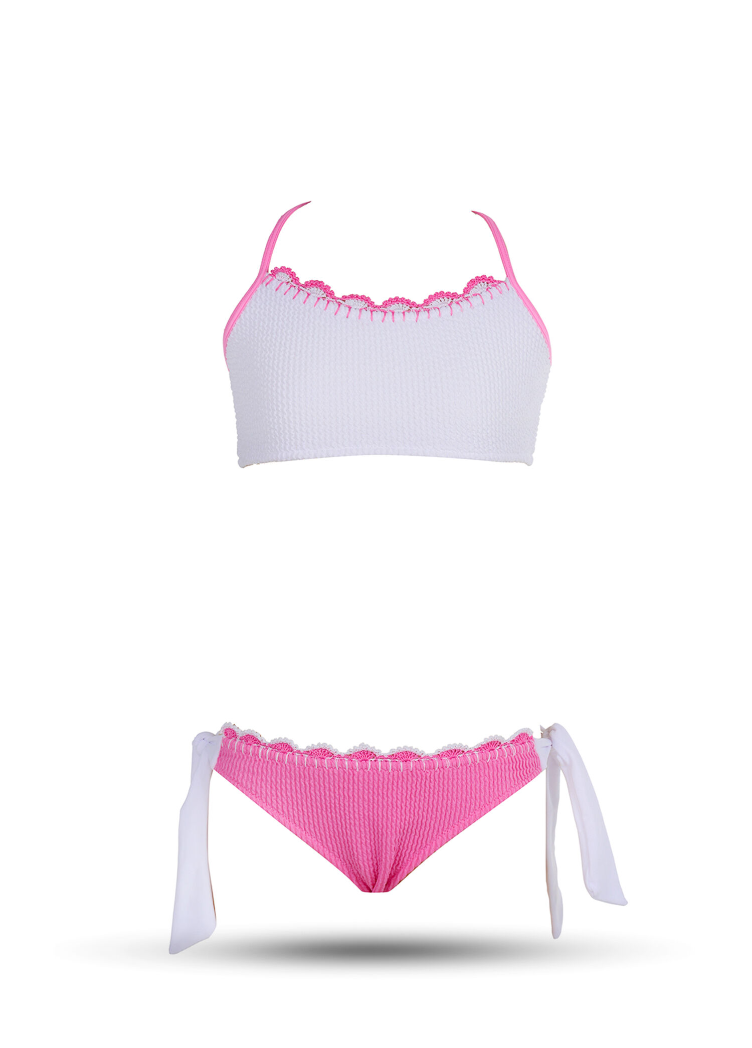 Bandeau Beyaz Oya İşlemeli Askılı Kız Çocuk Bikini Takımı
