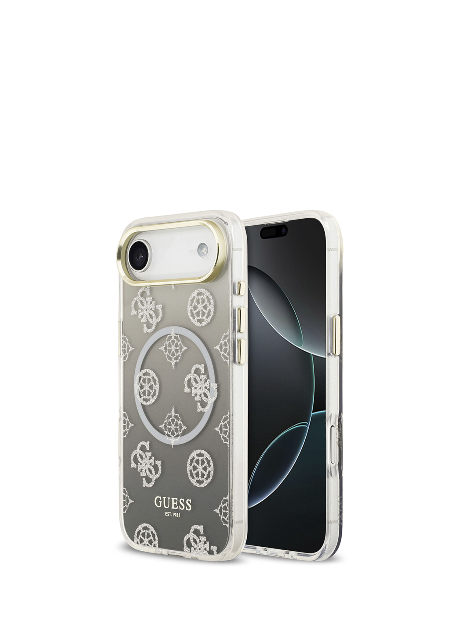 Guess - iPhone 17 Air Şarj Özellikli Simli Peony Desenli Silikon  Magsafe Uyumlu Telefon Kılıfı - Siyah