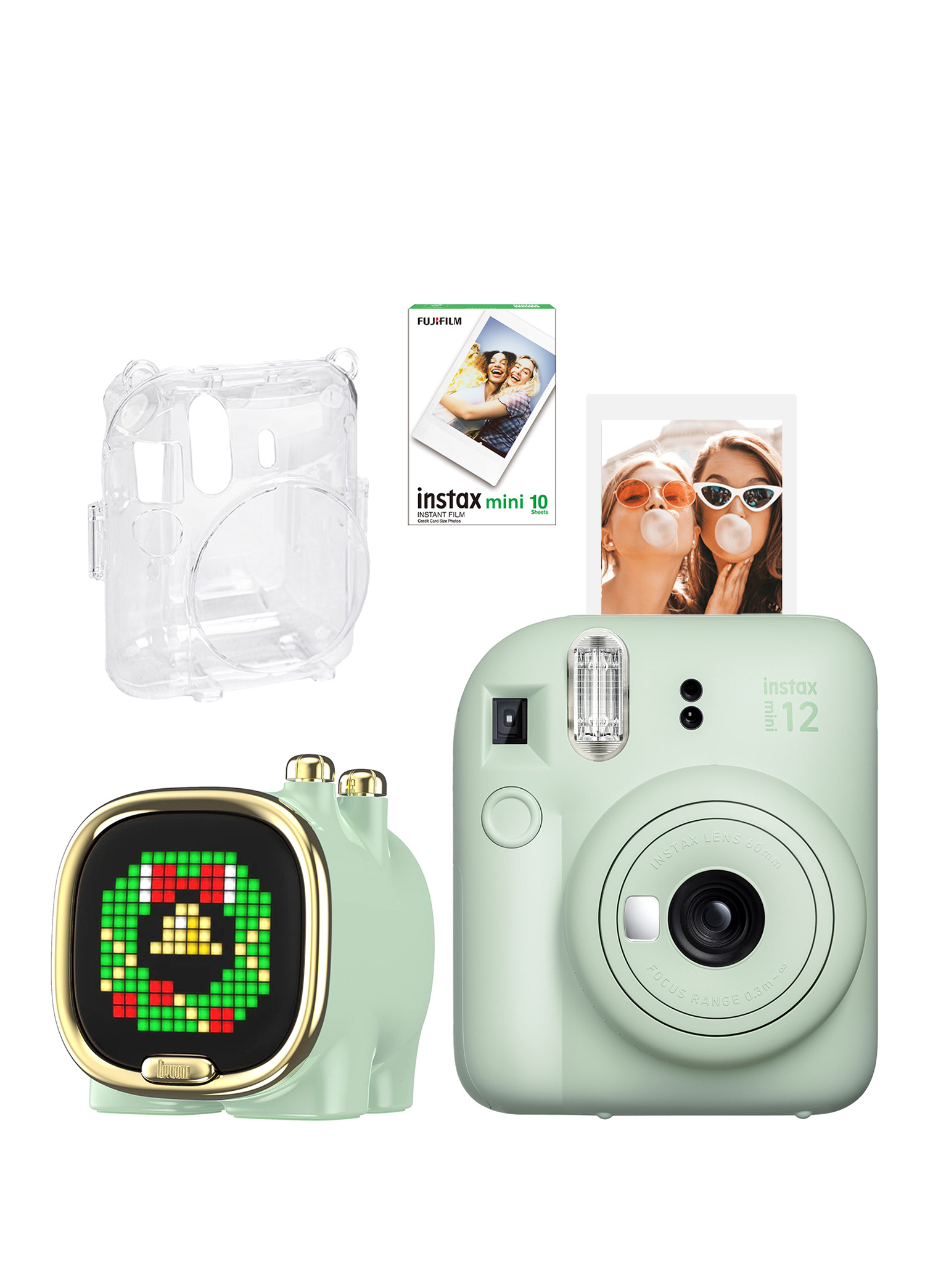 Instax Mini 12 Yeşil Fotoğraf Makinesi + 10'lu Film Şeffaf Kılıf ve Divoom Zooe Led Ekranlı Bluetooth Hoparlör Seti