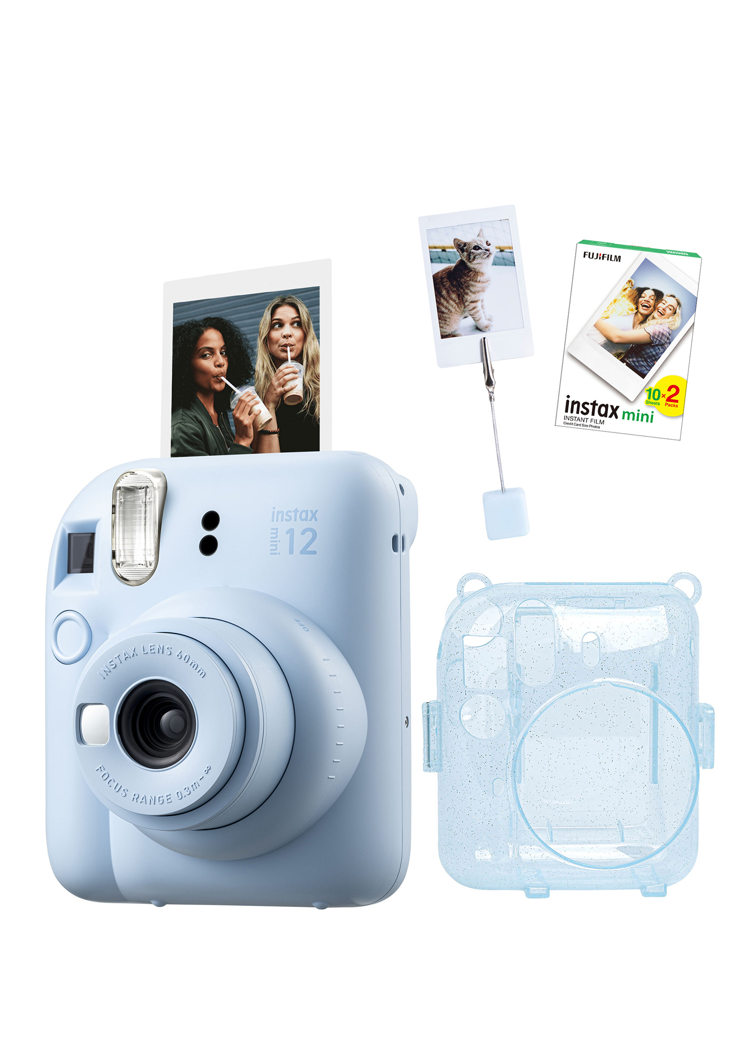 Instax Mini 12 Mavi Fotoğraf Makinesi + 20'li Film Kıskaçlı Resim Standı ve Simli Pleksi Kılıf Seti