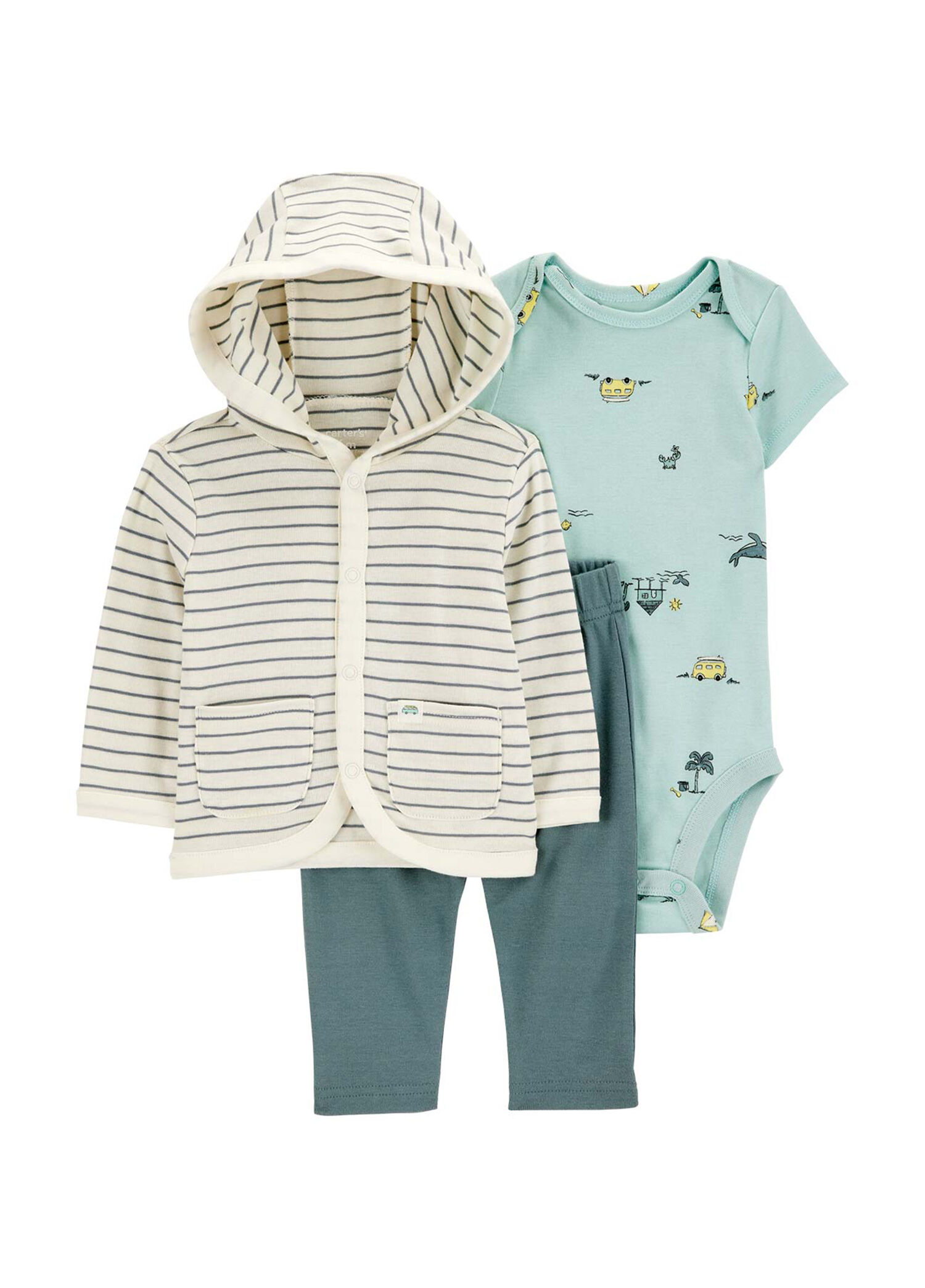 Layette Kapüşonlu Hırka Kısa Kollu Zıbın Pantolon Erkek Bebek 3'lü Set