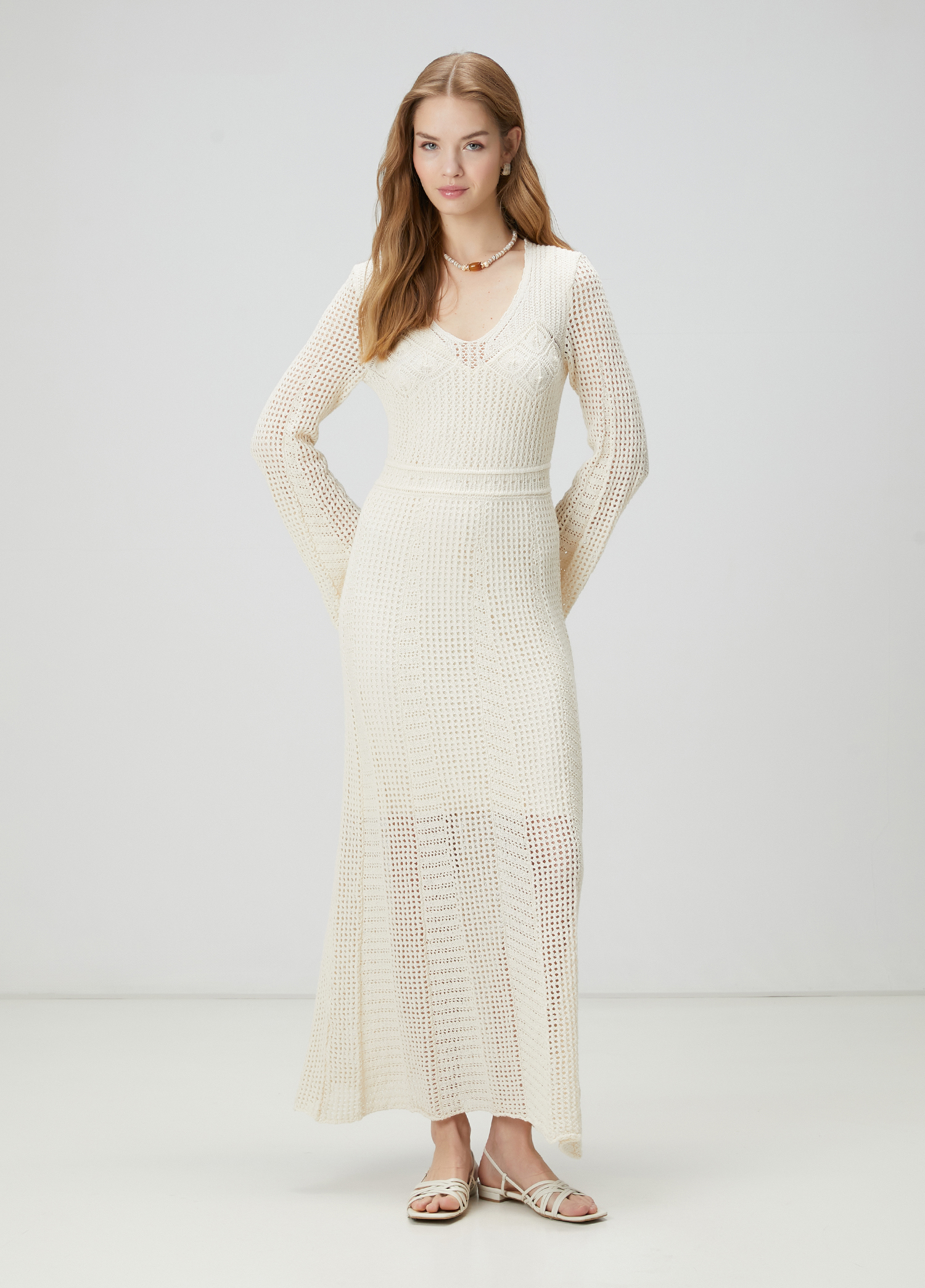 Ecru Openwork Maxi Knit Dress