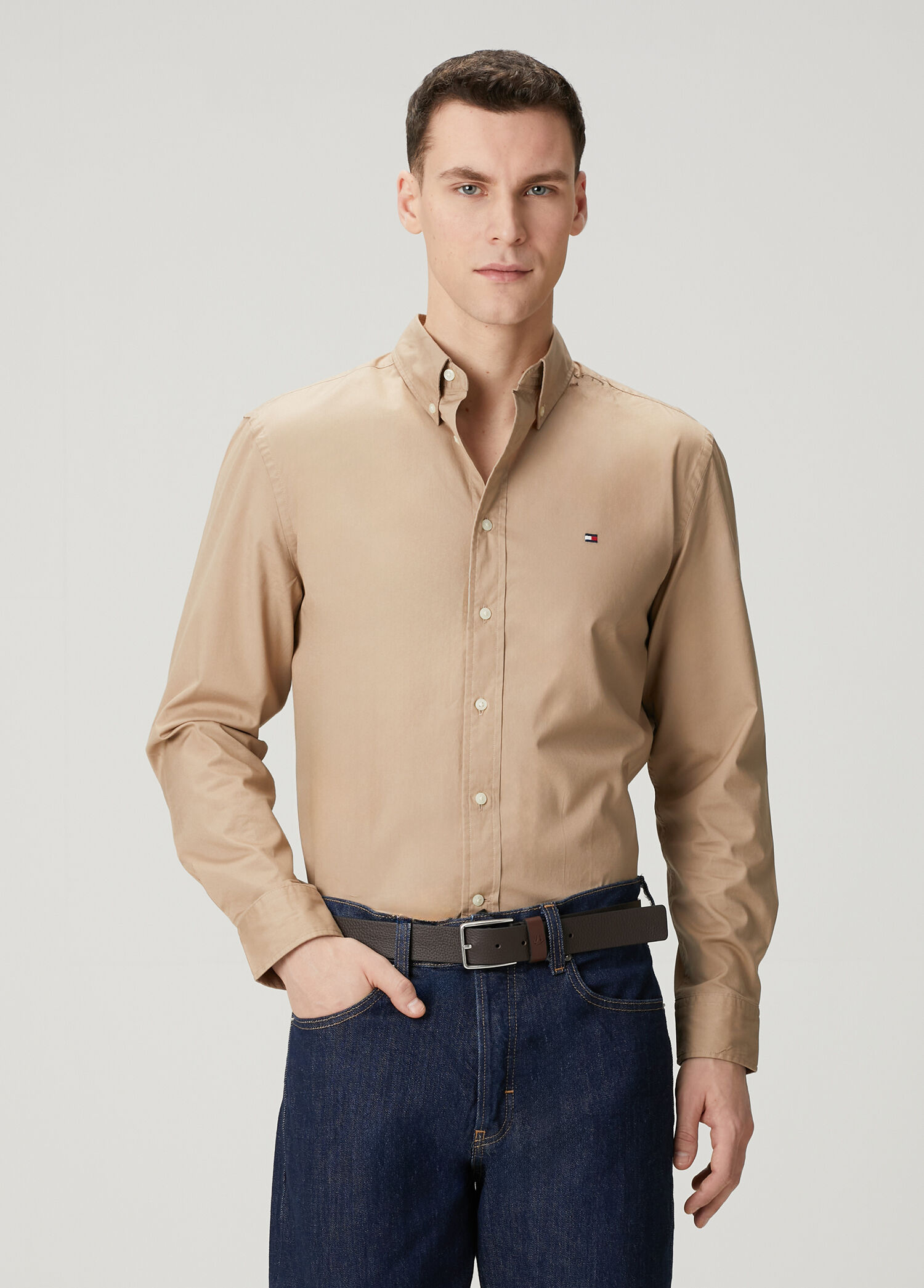 Regular Fit Bej Poplin Gömlek