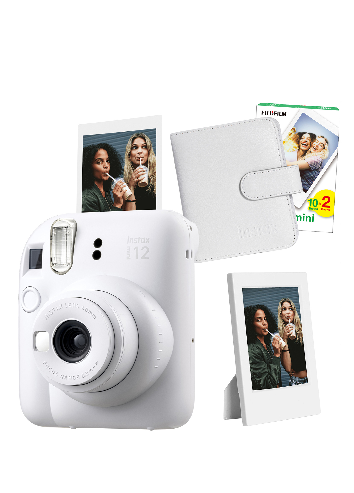 Instax Mini 12 Beyaz Fotoğraf Makinesi + 20'li Film Çerçeve ve Kare Albüm Seti