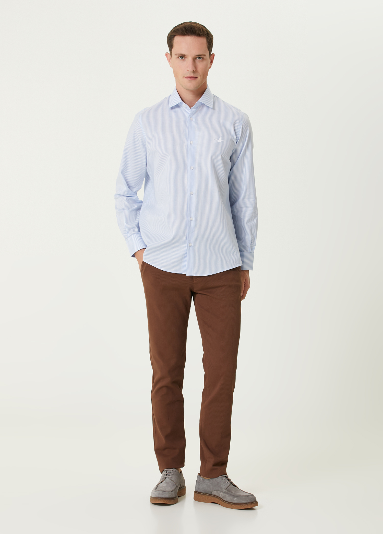 Slim Fit Kahverengi Twill Dokulu Chino Pantolon