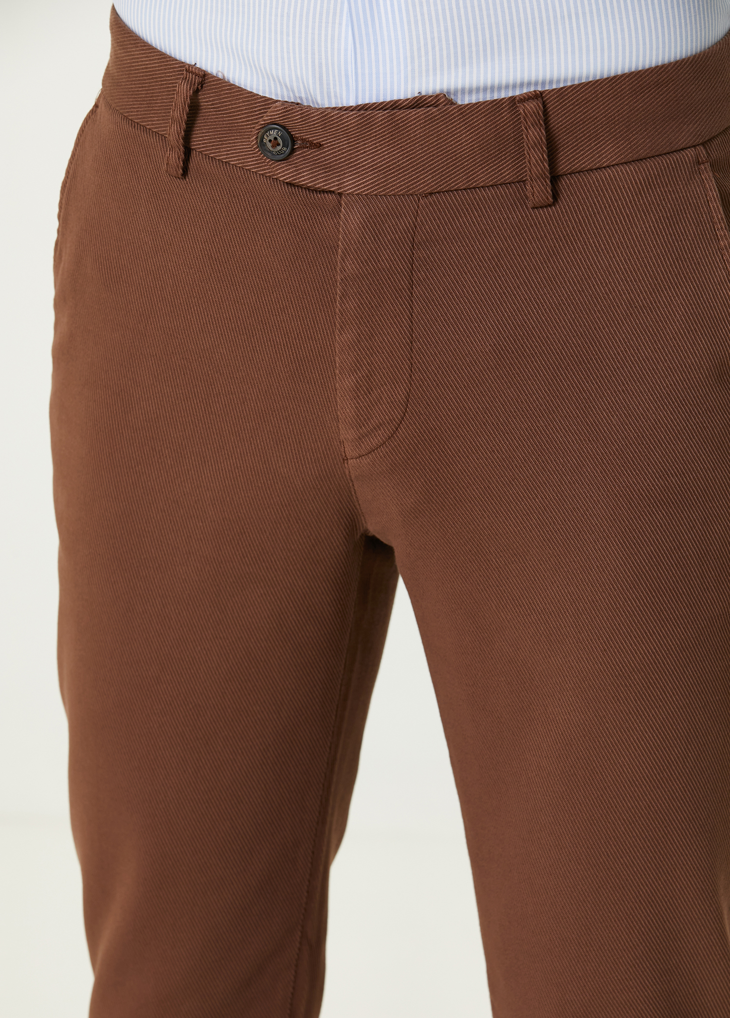 Slim Fit Kahverengi Twill Dokulu Chino Pantolon_3