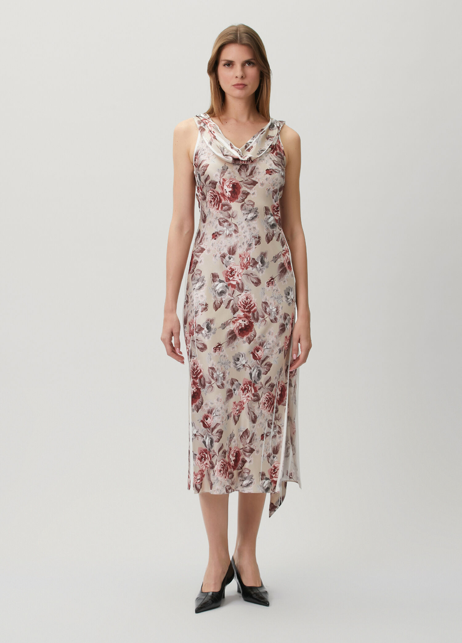 Beige Floral Draped Midi Dress