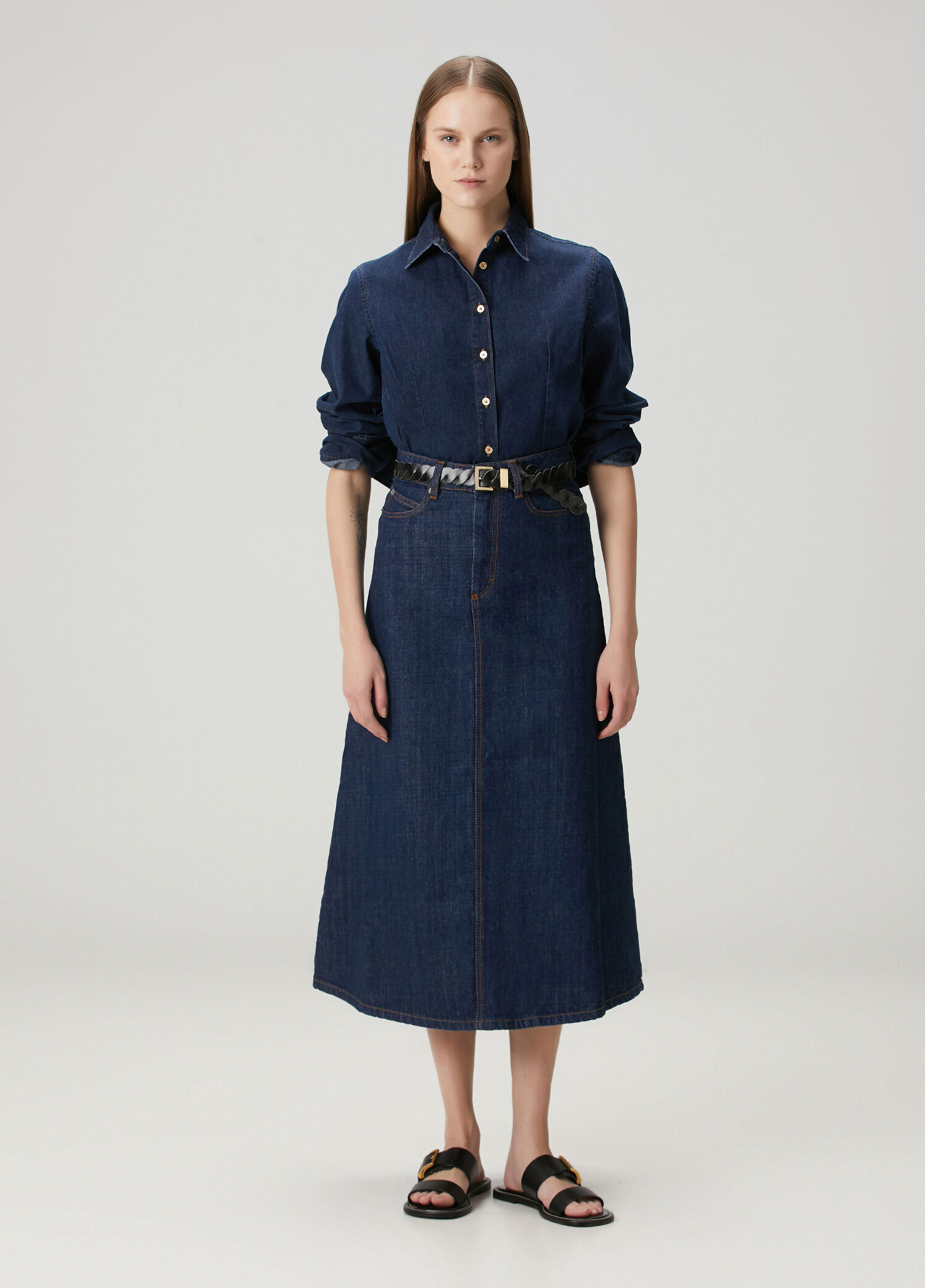 Lacivert Midi Denim Etek