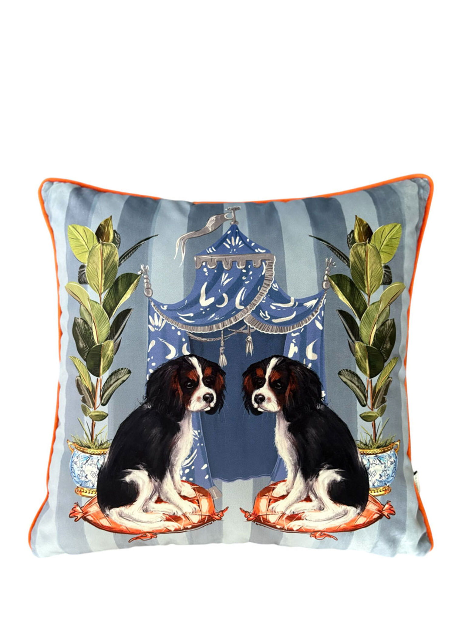 Vaha Serisi King Charles Köpek Deseli Gri Çizgili Kadife Kırlent Kılıfı
