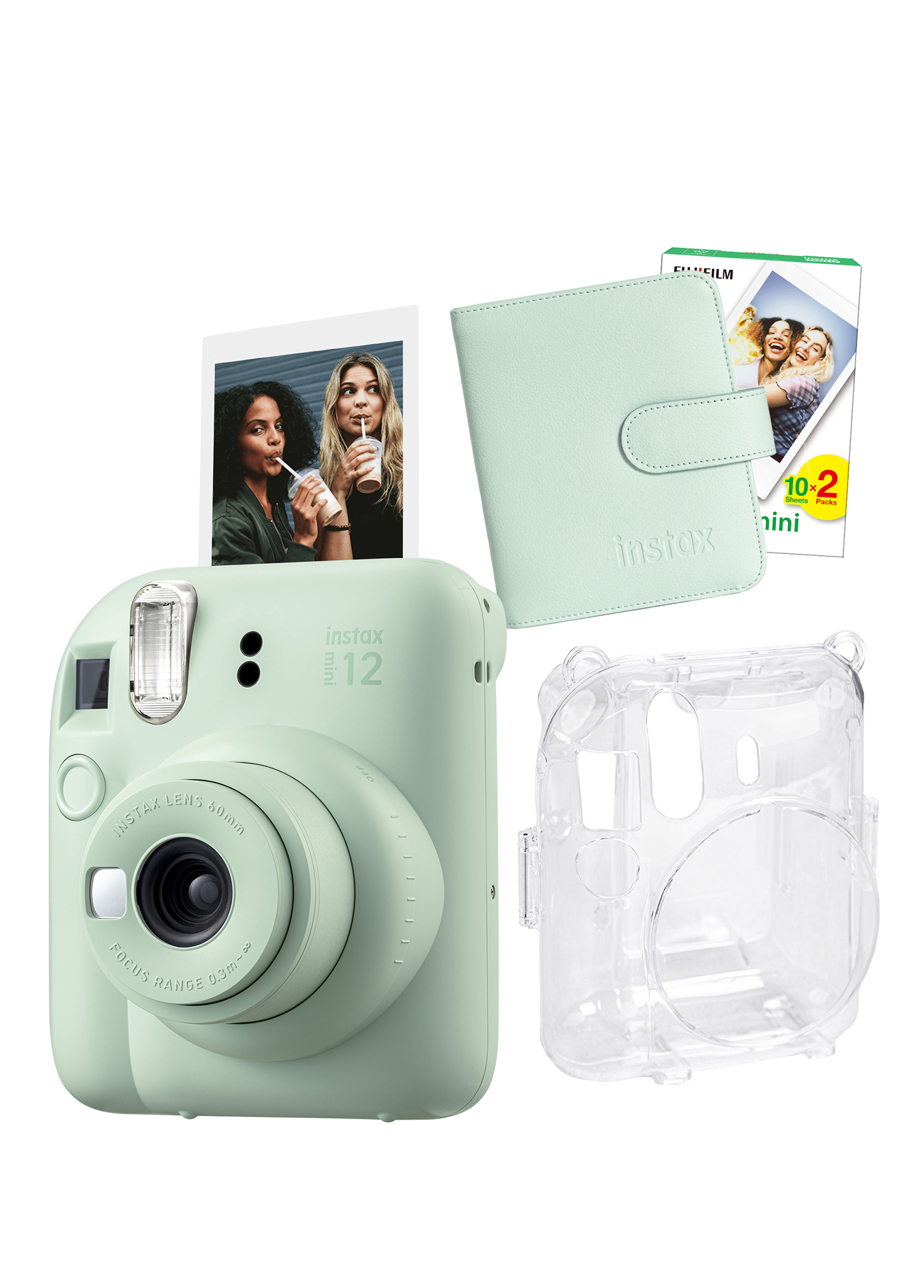 Instax Mini 12 Yeşil Fotoğraf Makinesi + 20'lu Film Kare Albüm ve Şeffaf Kılıf Seti