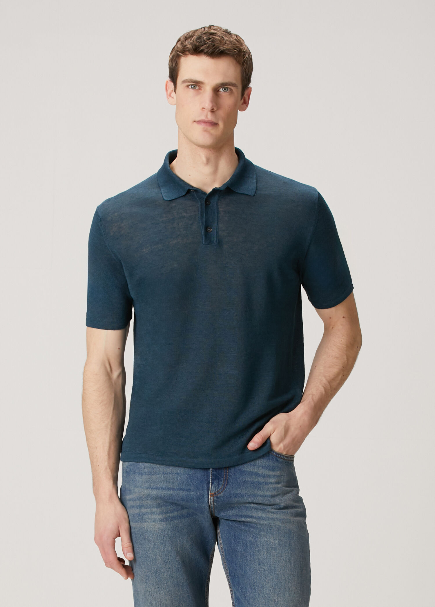 Dark Blue Polo Short Sleeve Linen Sweater