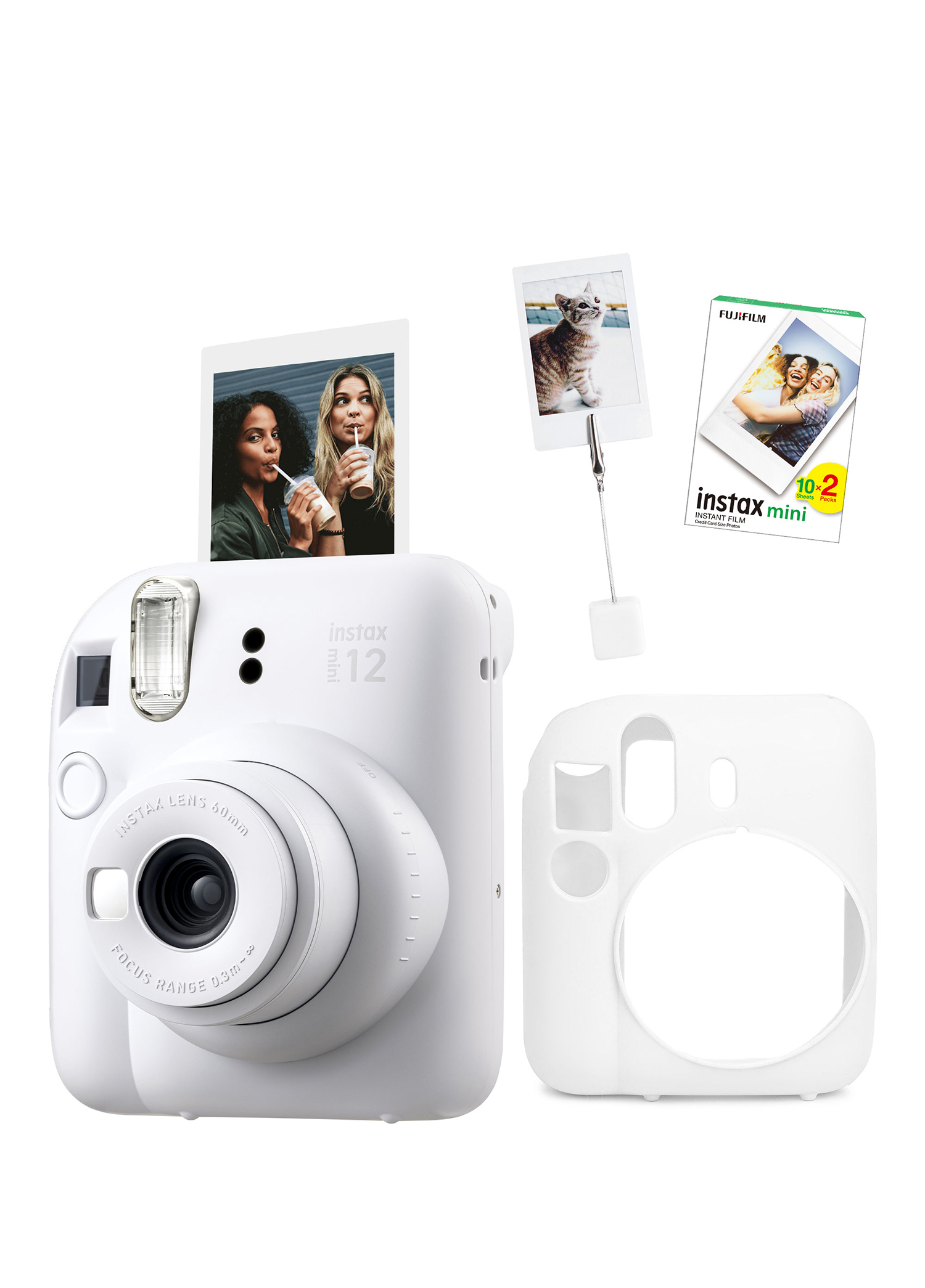 Instax Mini 12 Beyaz Fotoğraf Makinesi + 20'li Film Kıskaçlı Resim Standı ve Silikon Kılıf Seti