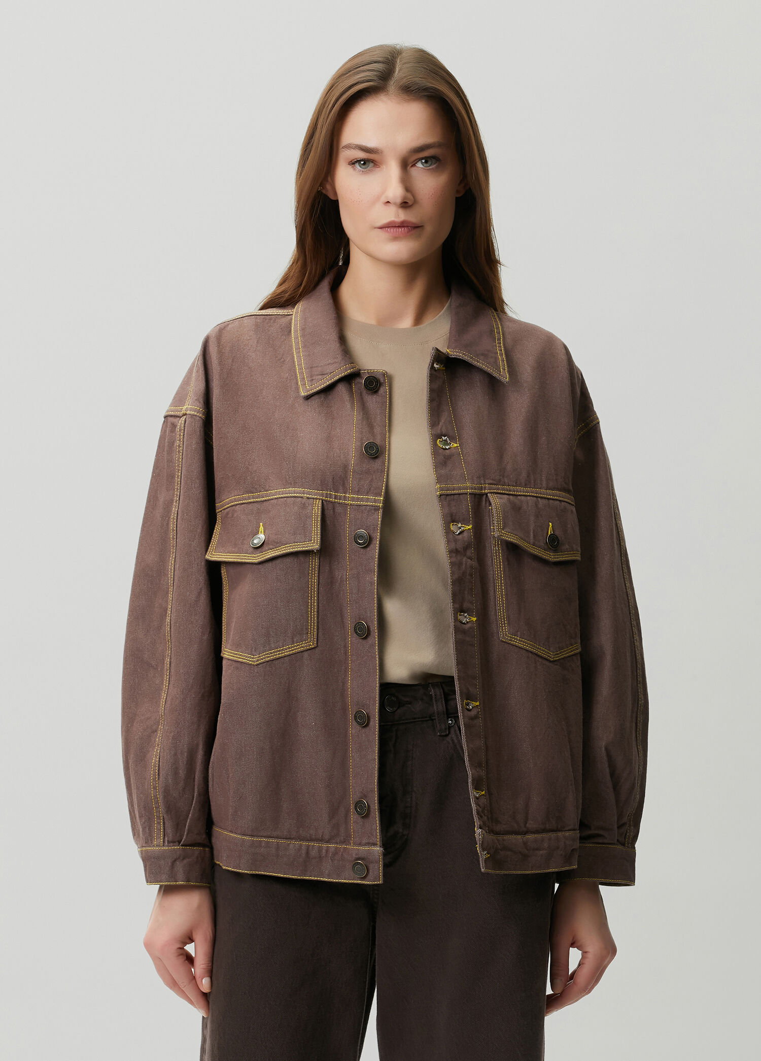 Grezbay Koyu Kahverengi Denim Ceket