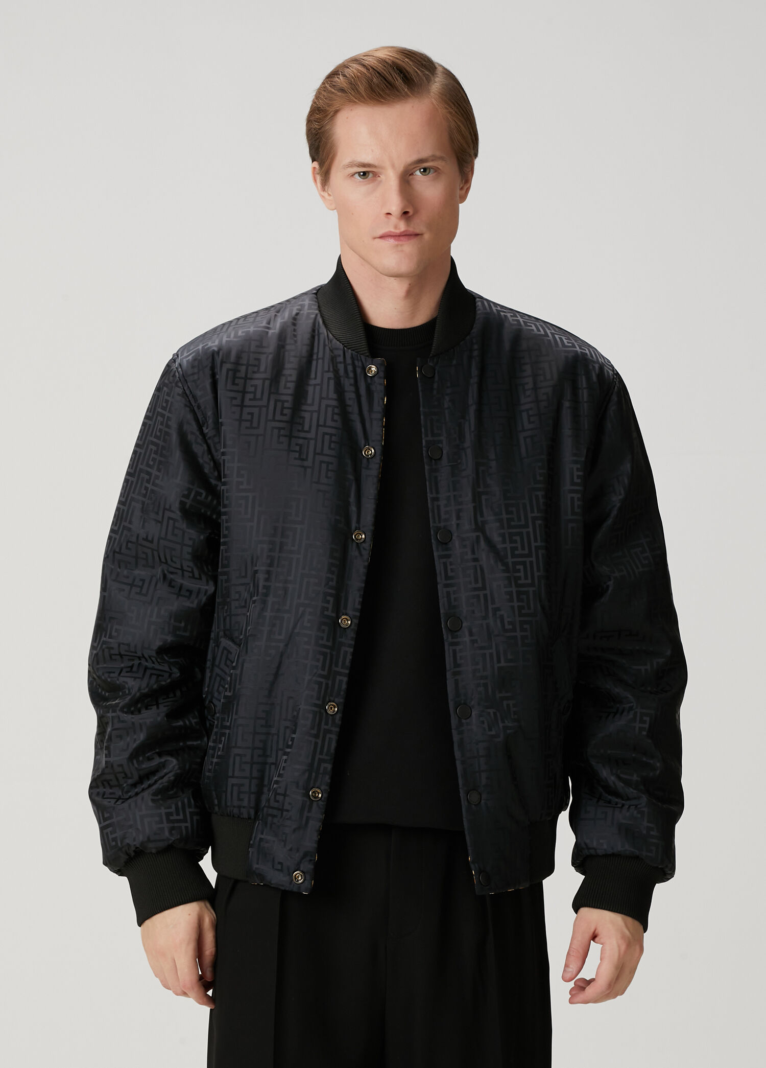 Balmain - Siyah Gold Desenli Çift Taraflı Bomber Mont - Siyah-Sarı