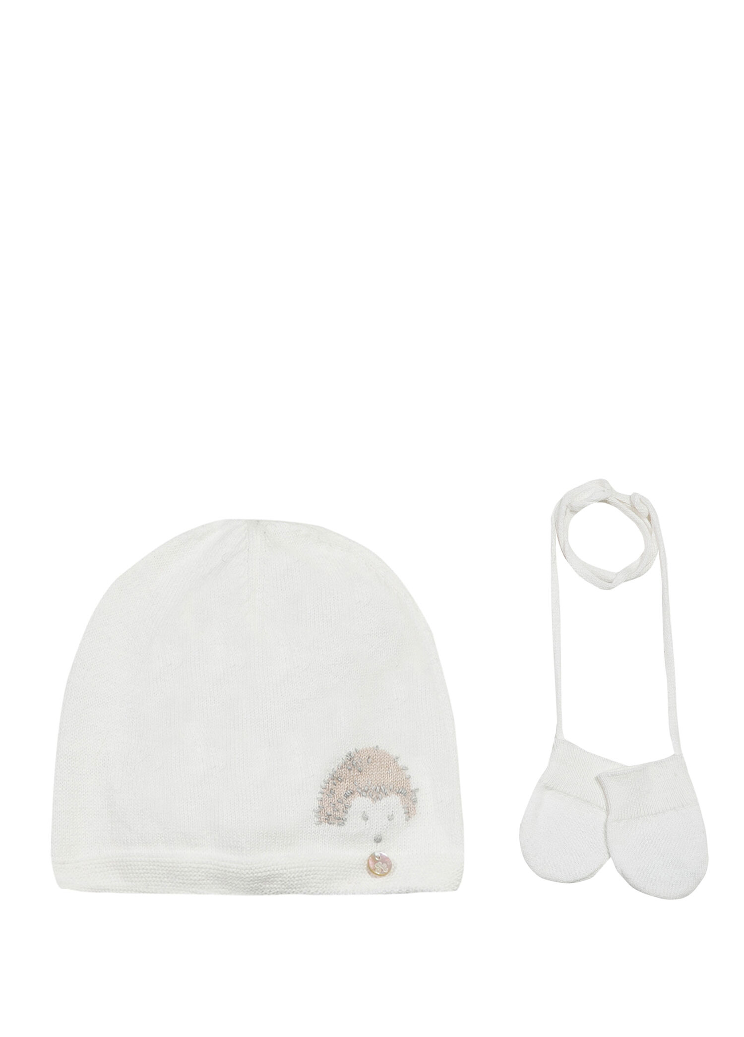 Ekru Kirpi Motifli Unisex Bebek Bere ve Eldiven Takımı