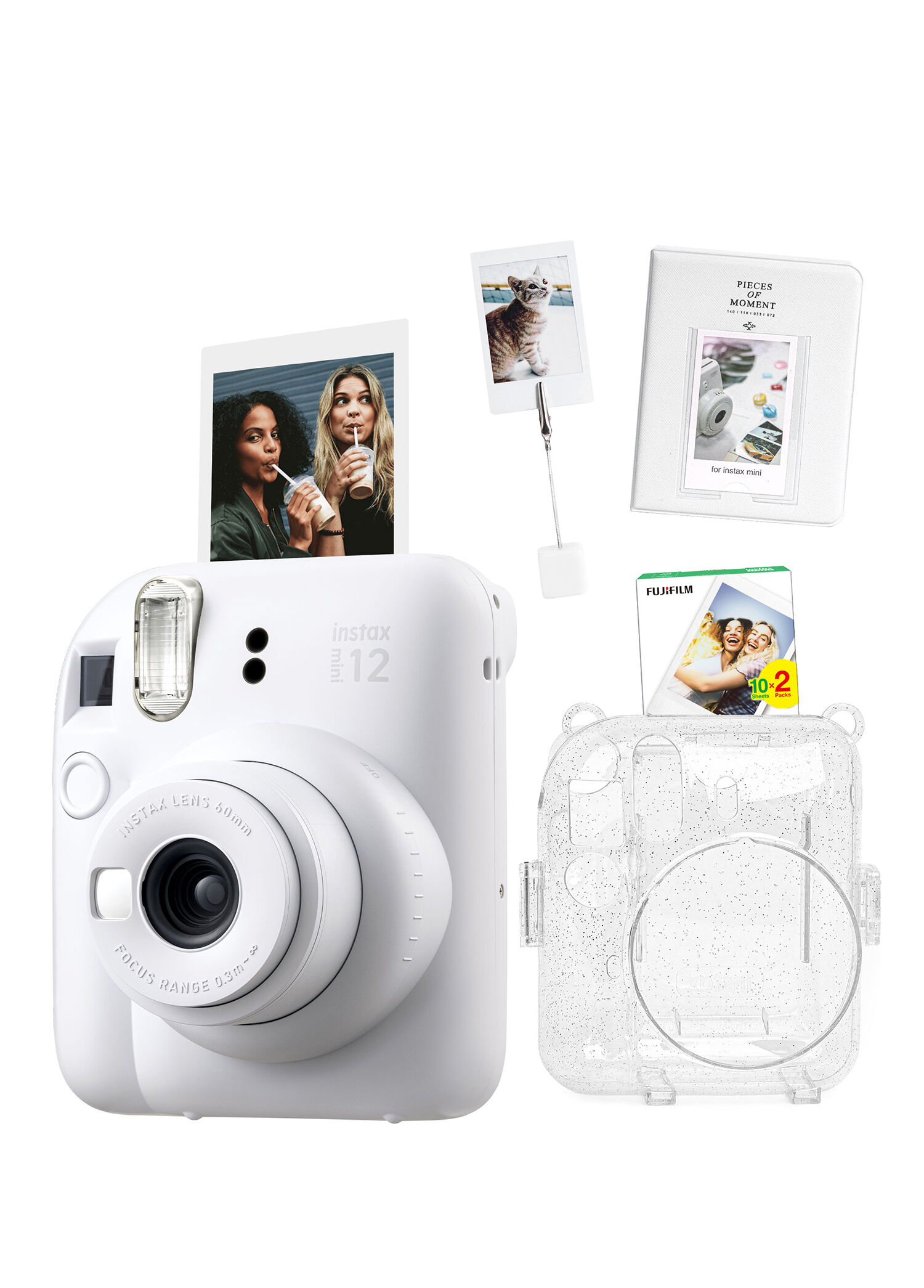 Instax Mini 12 Beyaz Fotoğraf Makinesi + 20'li Film Kıskaçlı Stand PVC Albüm ve Simli Pleksi Kılıf Seti