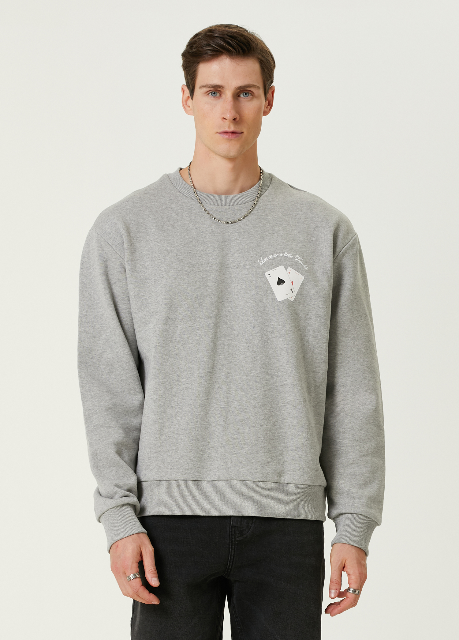 Gri Casino Kart Baskılı Sweatshirt