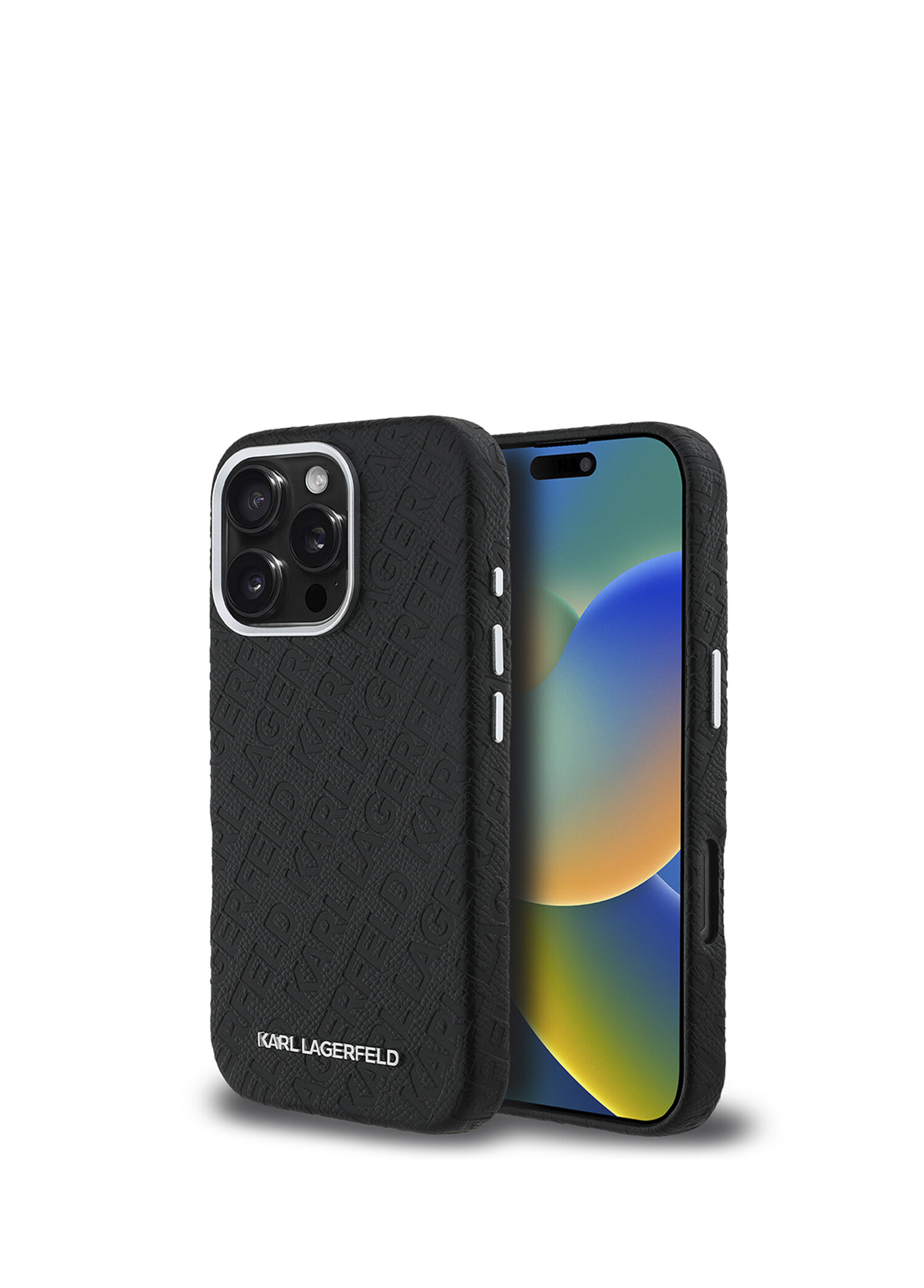 iPhone 16 Pro Max Metal Yazı Logolu PU Deri Damgalı Telefon Kılıfı