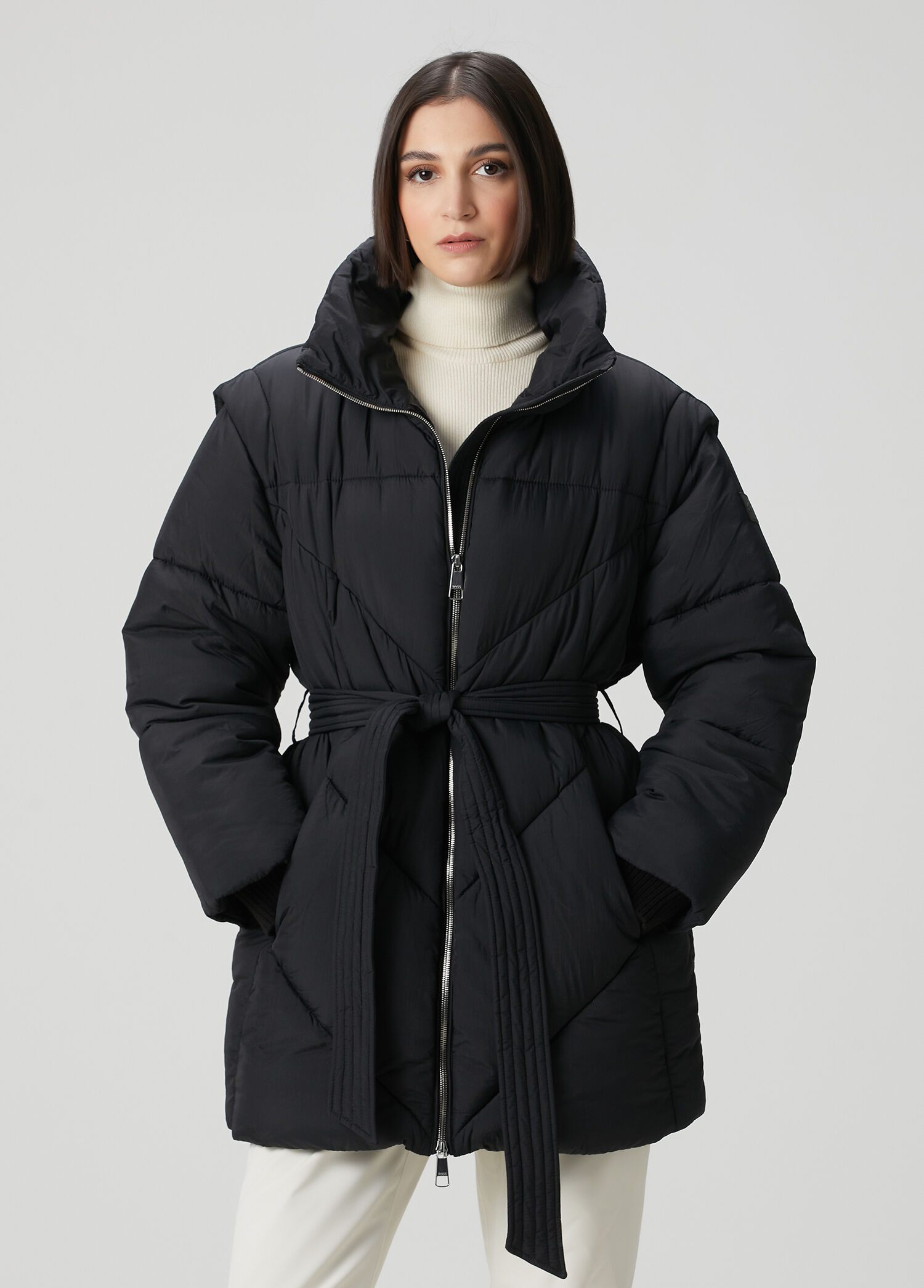Piobella Siyah Beli Kuşaklı Puffer Mont