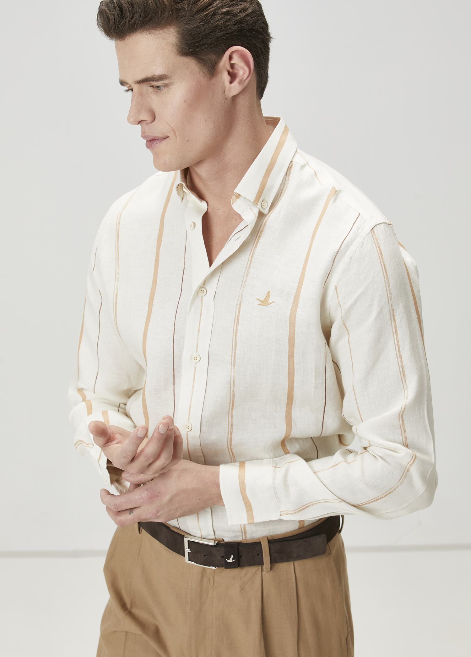 Comfort Fit Krem Çizgi Desenli Keten Gömlek_1