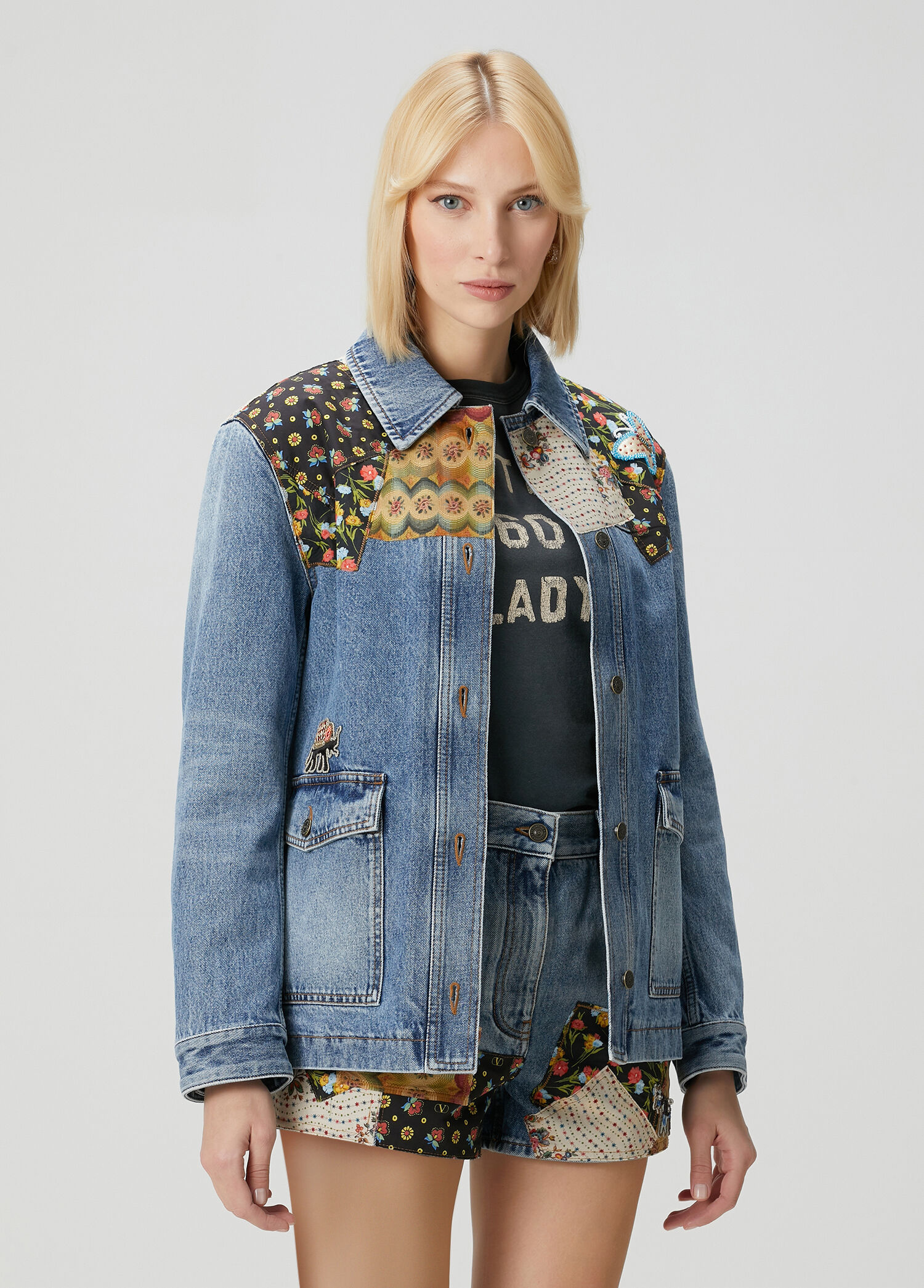 Mavi Desenli Garnili Denim Ceket