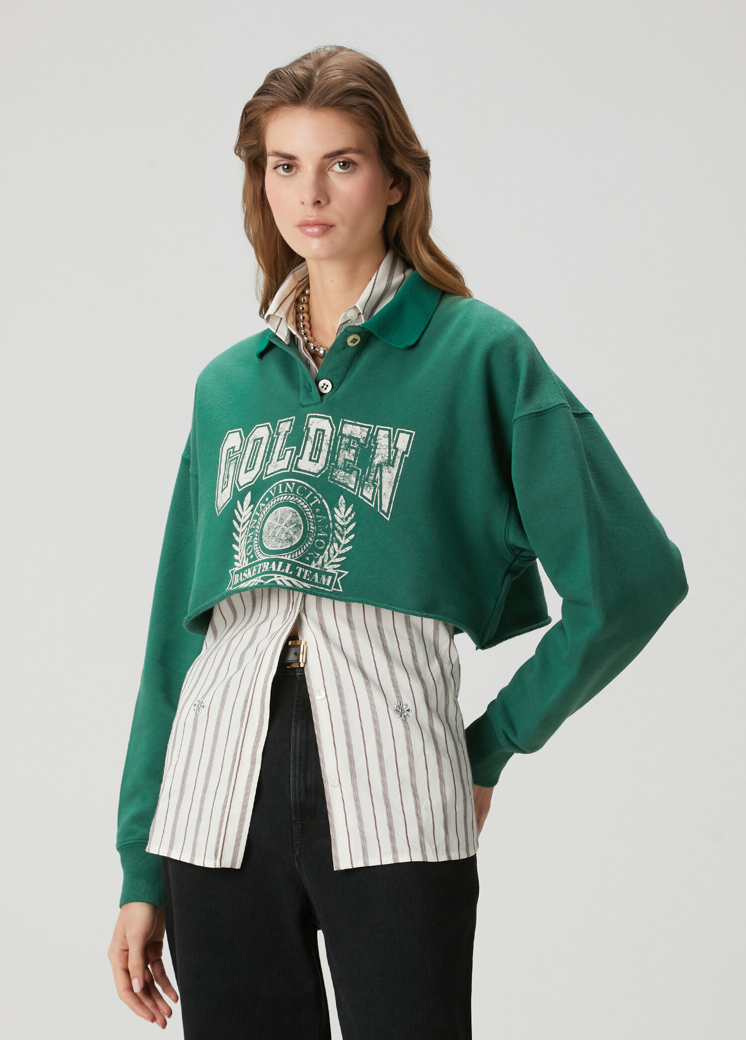 Koyu Yeşil Crop Polo Sweatshirt