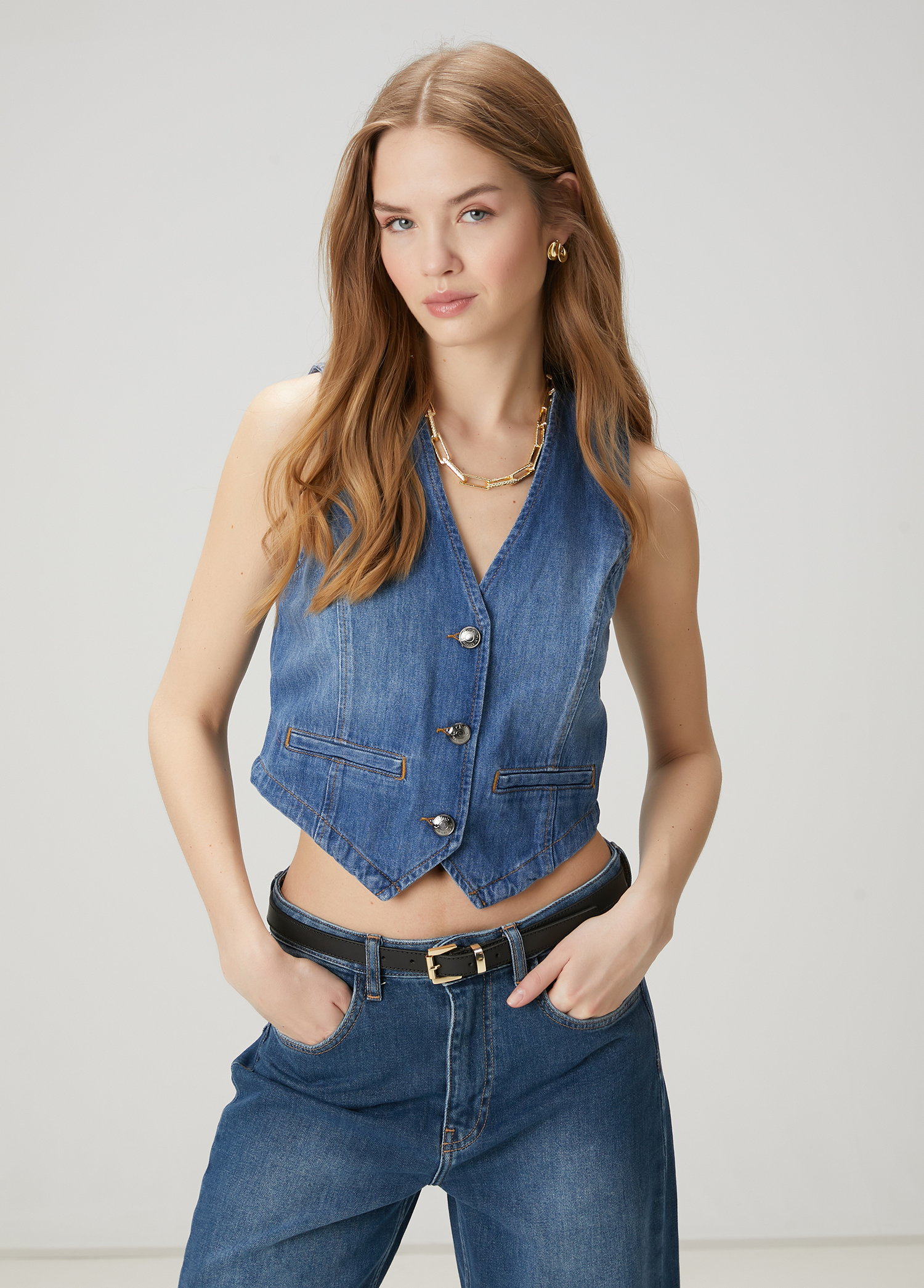 Mavi Crop Denim Yelek