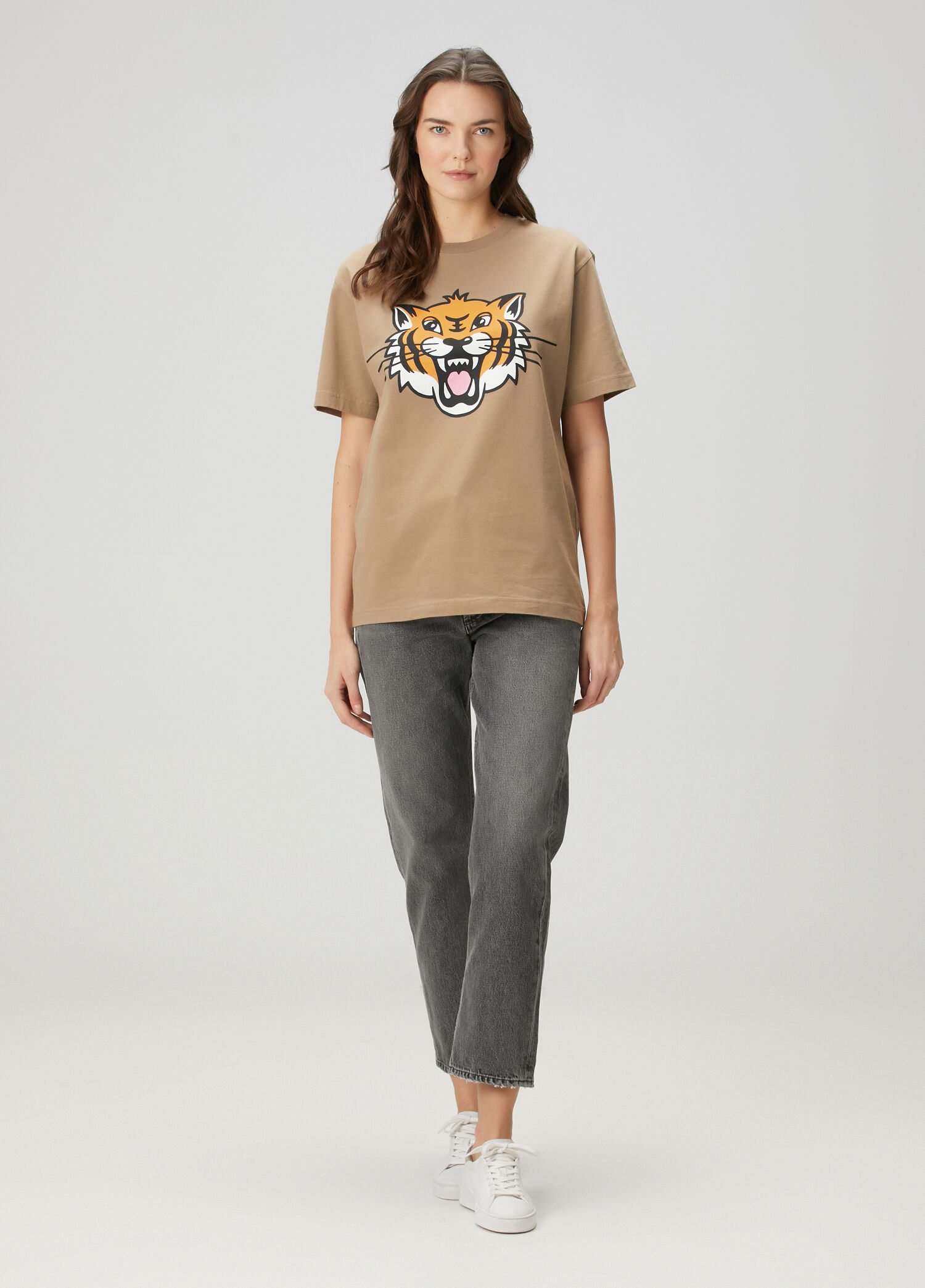Kenzo Taba Kadın Happy Tiger Kahverengi Baskılı T-shirt 1673989