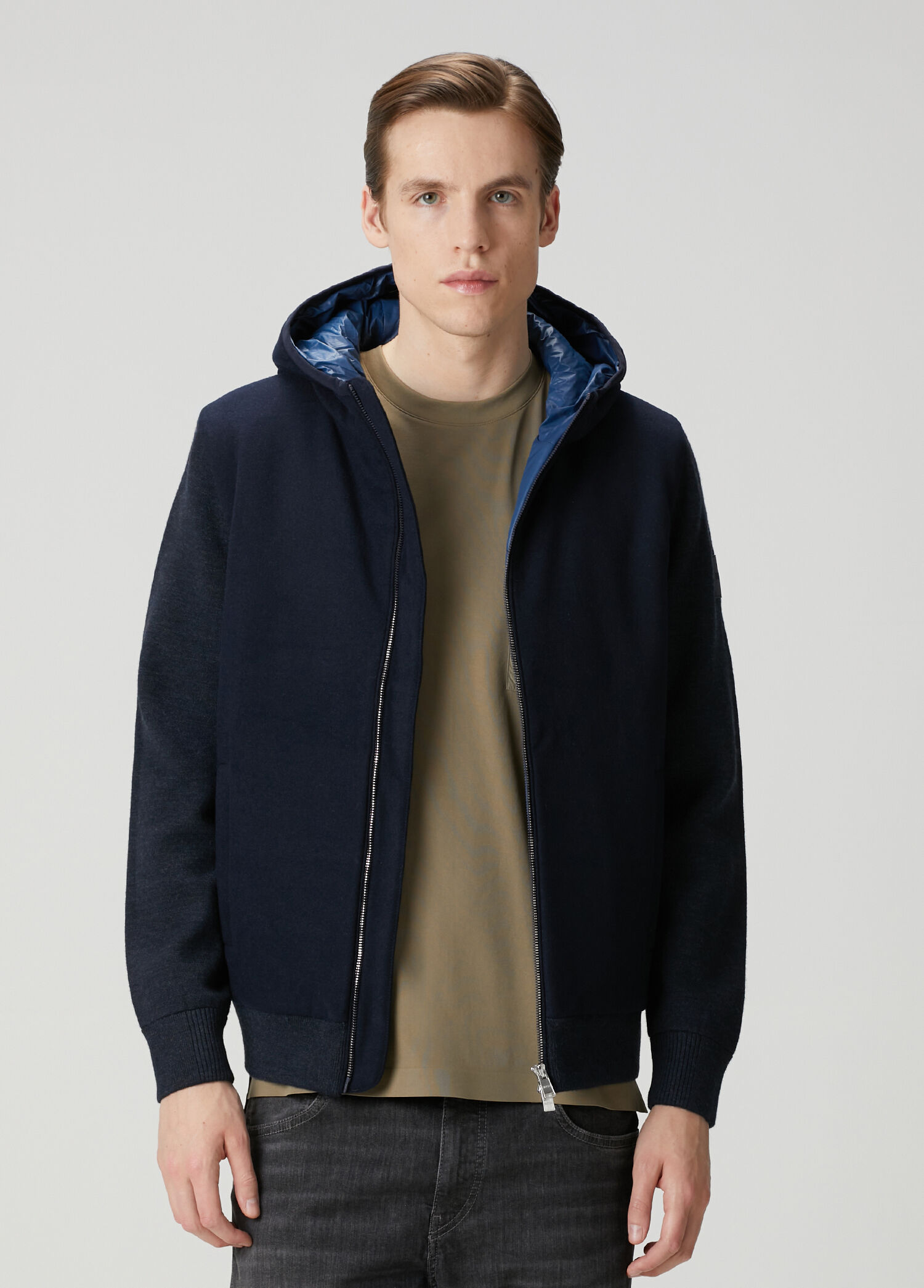 Navy Blue Hooded Knit Cardigan
