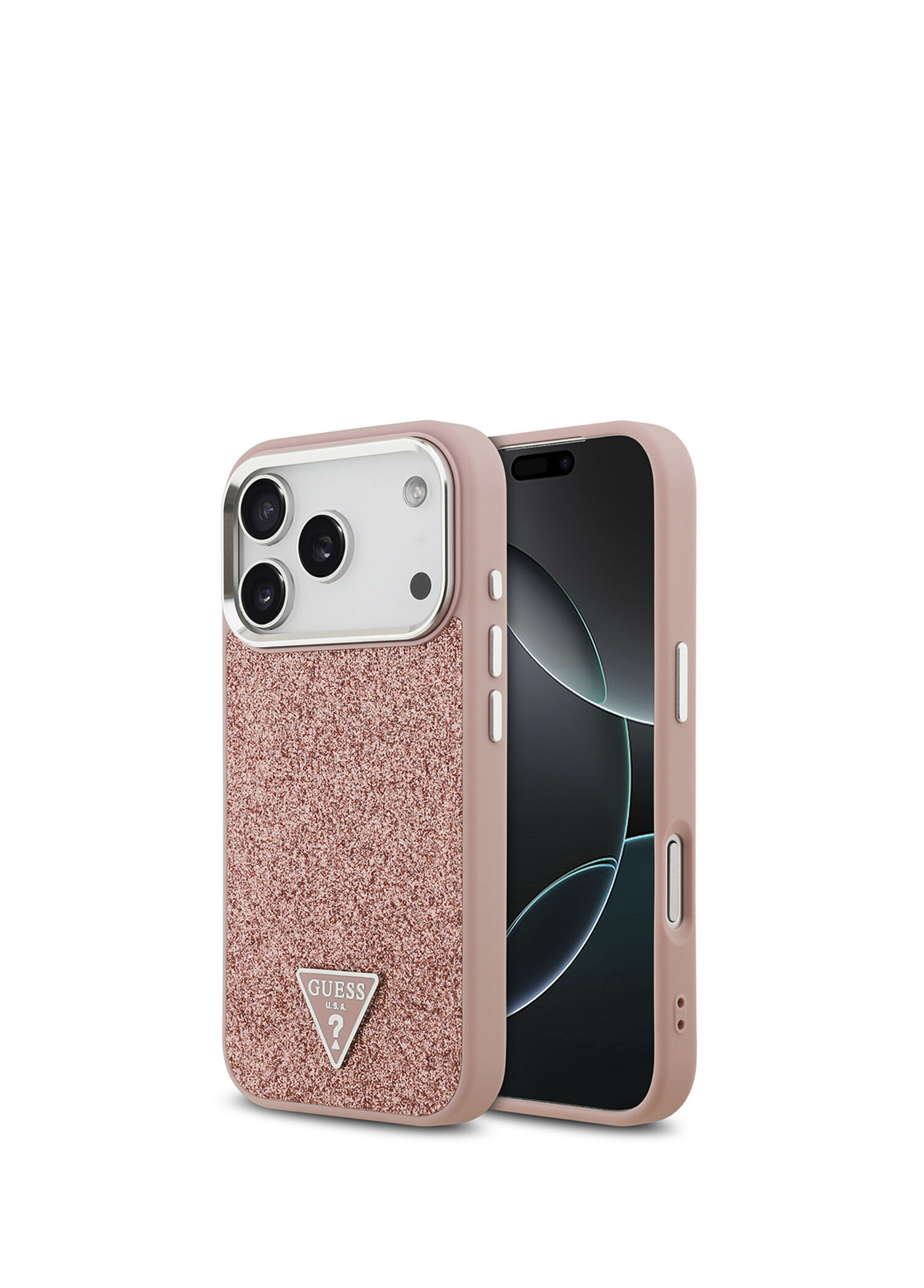 iPhone 17 Pro Metal Kamera Çerçeveli Üçgen Logolu Glitter Pembe Magsafe Uyumlu Telefon Kılıfı