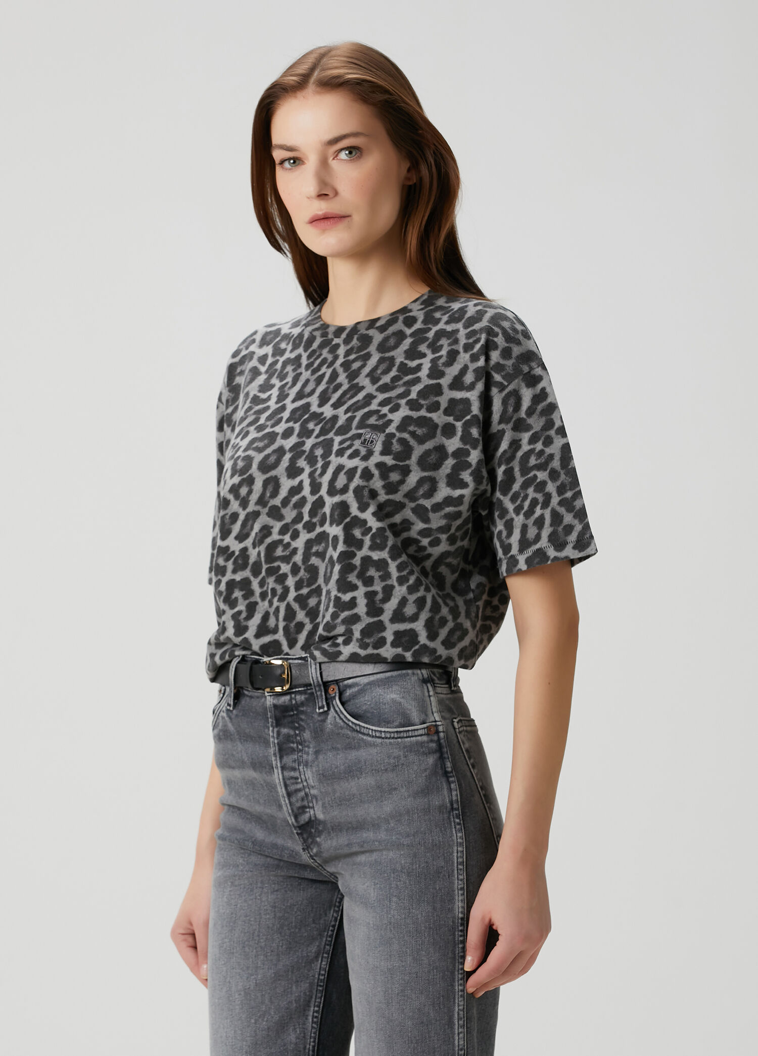Gri Leopar Desenli T-shirt