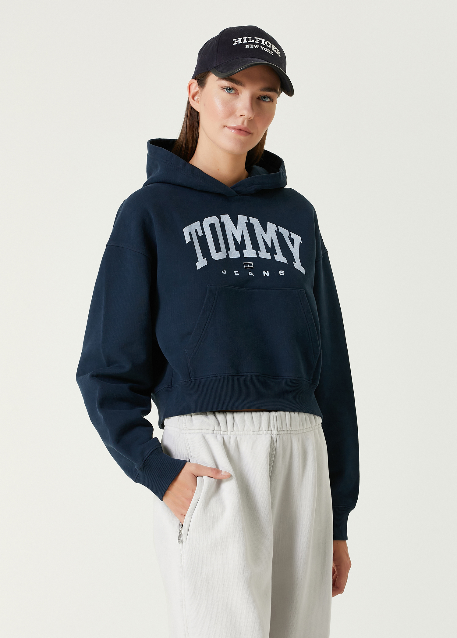 Varsity Koyu Mavi Kapüşonlu Logolu Sweatshirt