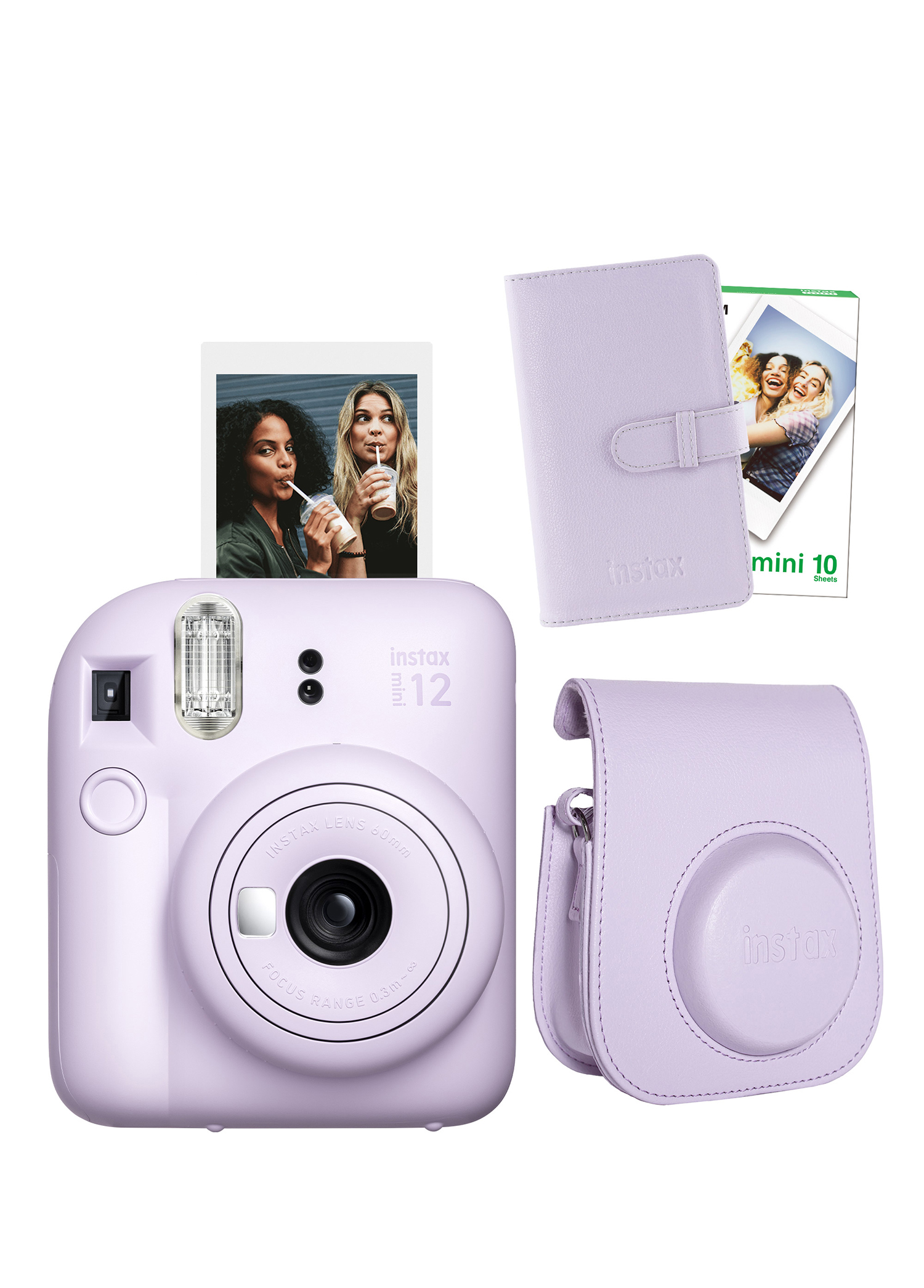 Instax Mini 12 Lila Fotoğraf Makinesi + 10'lu Film Laporta Albüm ve Deri Kılıf Seti