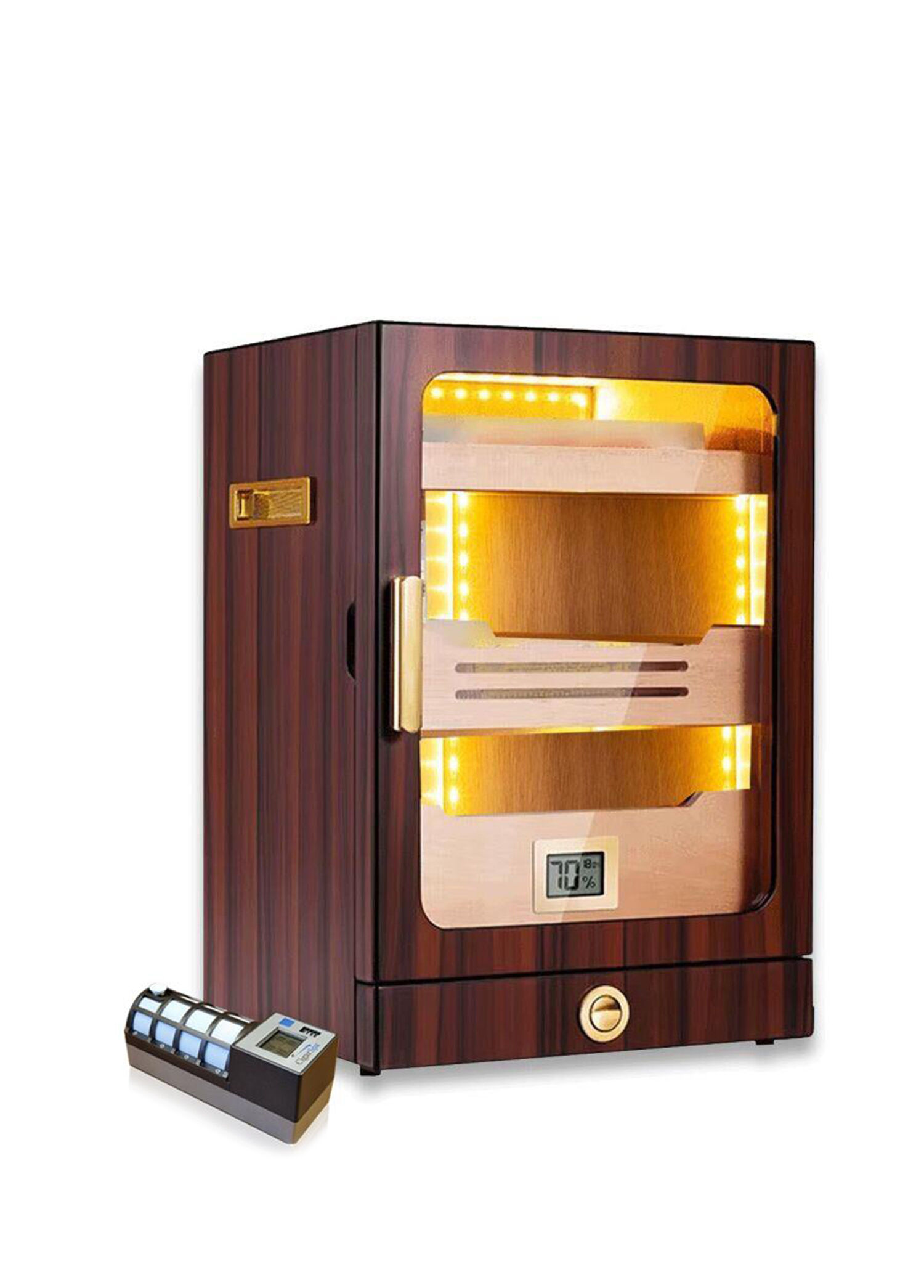 Ceviz Camlı Işıklı CigarSpa Elektronik Nemlendirme 200's Humidor Puro Kutusu