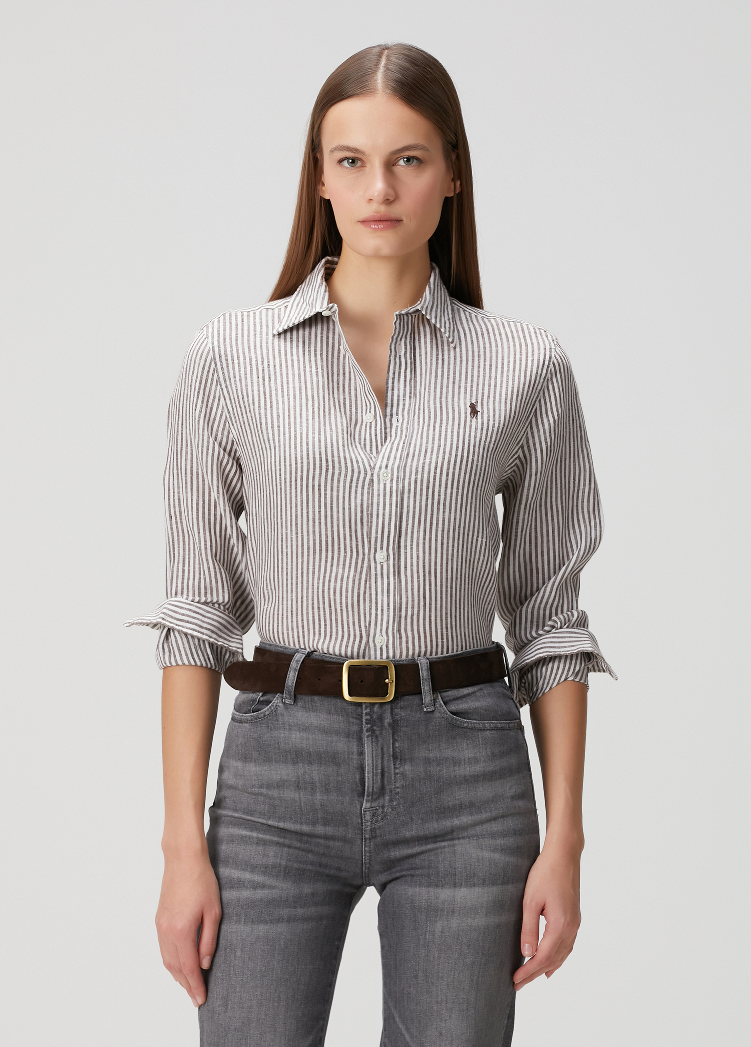 Polo Ralph Lauren Kahve-Beyaz Kadın Kahverengi Çizgili Keten Gömlek 1865824 | Beymen